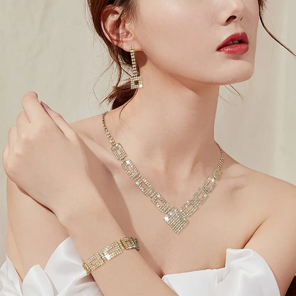 XFSRG Set di Gioielli Donna 3 Pezzi Parure Collana Orecchini e Bracciale Strass Scintillanti Argento Regolabili per Matrimonio e Serate Eleganti (Oro) - immagine 6
