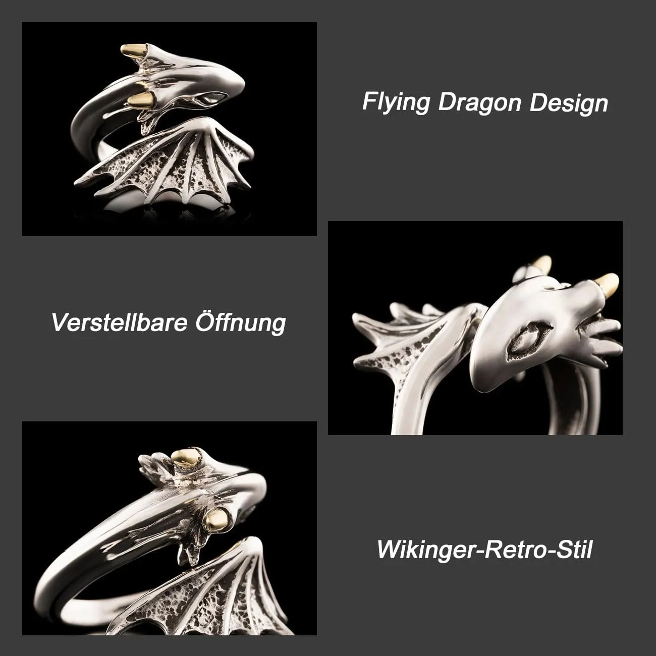 Auriselle Anello vichingo da uomo con apertura regolabile, design con drago volante, gioielli retrò punk hip hop gotici unisex vintage, regalo di compleanno/Natale per uomini, ragazzi e donne - immagine 5