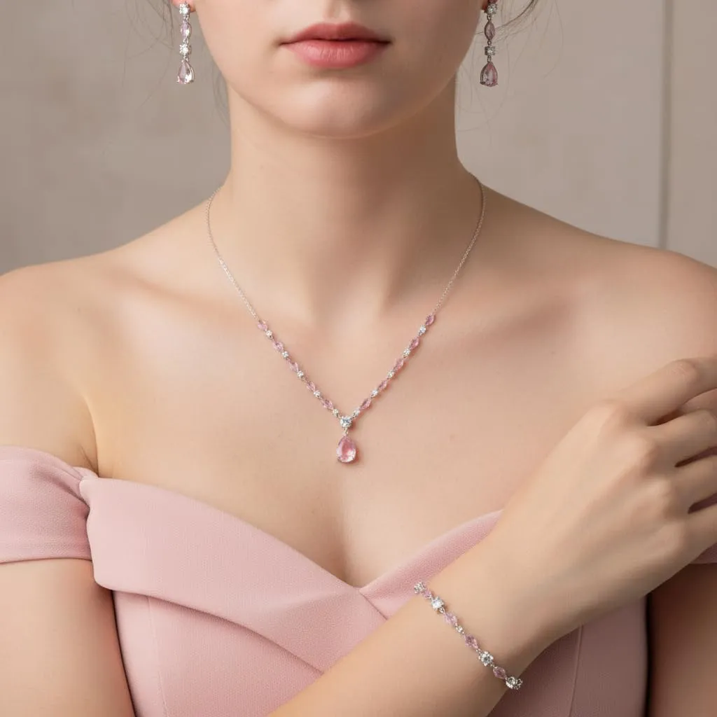 EVER FAITH Set di gioielli in zirconia cubica per sposa, damigella d'onore, ciondolo a goccia elegante e brillante, collana, orecchini, braccialetto da donna, 45,5 cm - 50,5 cm, Zirconia cubica - immagine 2