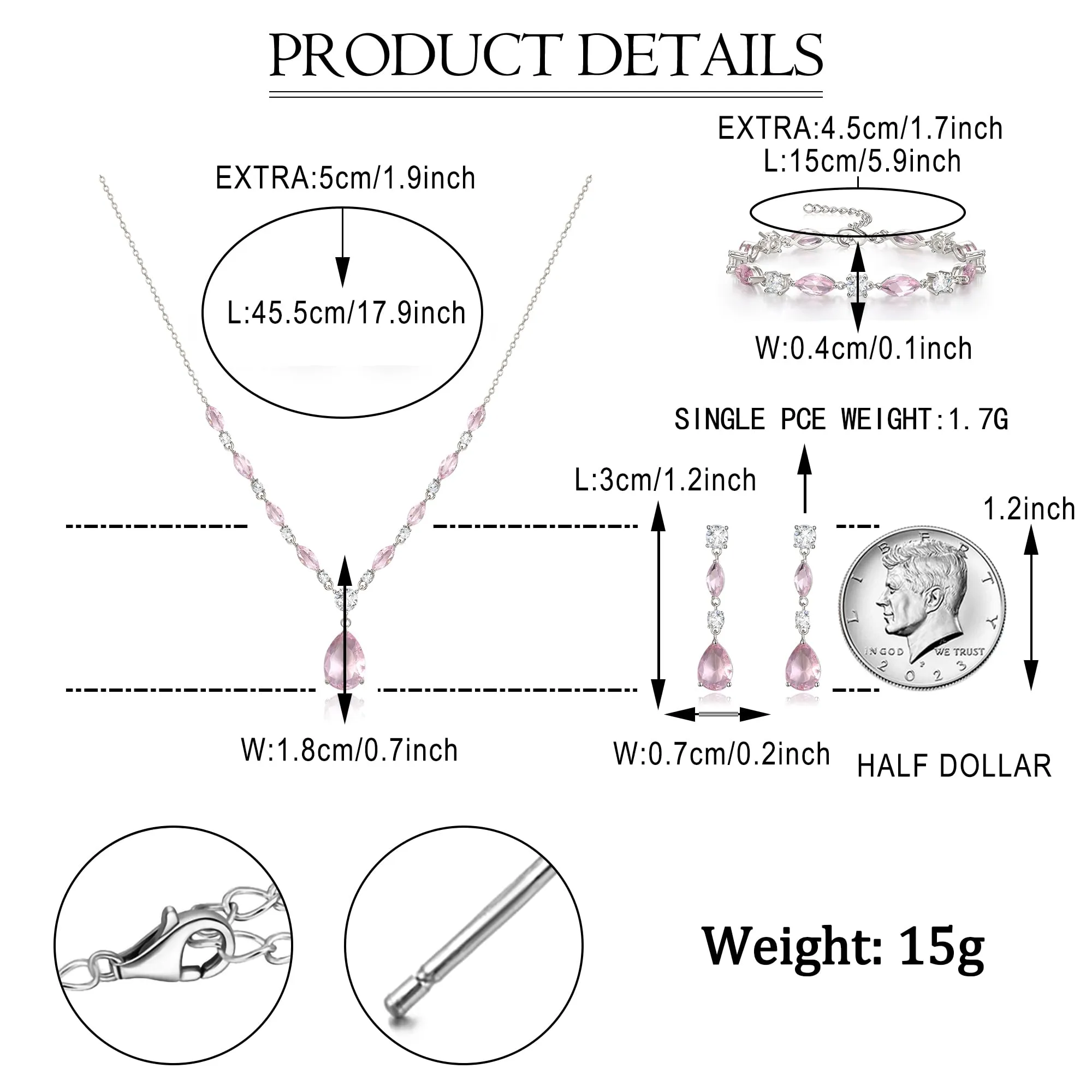 EVER FAITH Set di gioielli in zirconia cubica per sposa, damigella d'onore, ciondolo a goccia elegante e brillante, collana, orecchini, braccialetto da donna, 45,5 cm - 50,5 cm, Zirconia cubica - immagine 5