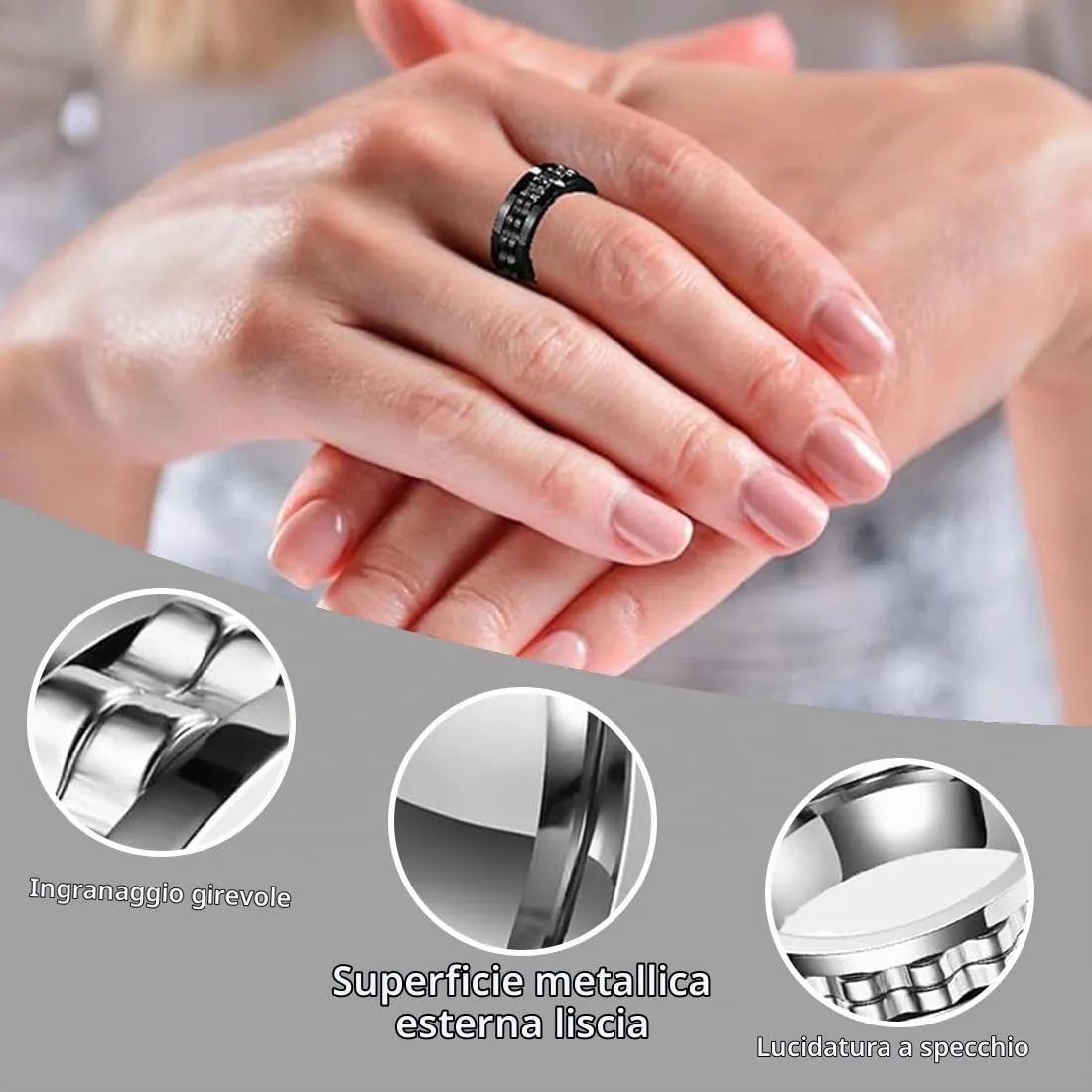 UIEXAY 2 Pezzi Fidget - Anello Antistress E Antiansia, 8 Mm, Lucidato, Accessori Alla Moda, Anello Uomo Regolabile, Anelli Uomo Acciaio Inossidabile, Regalo Per Uomini E Donne (Argento, Nero) - immagine 3
