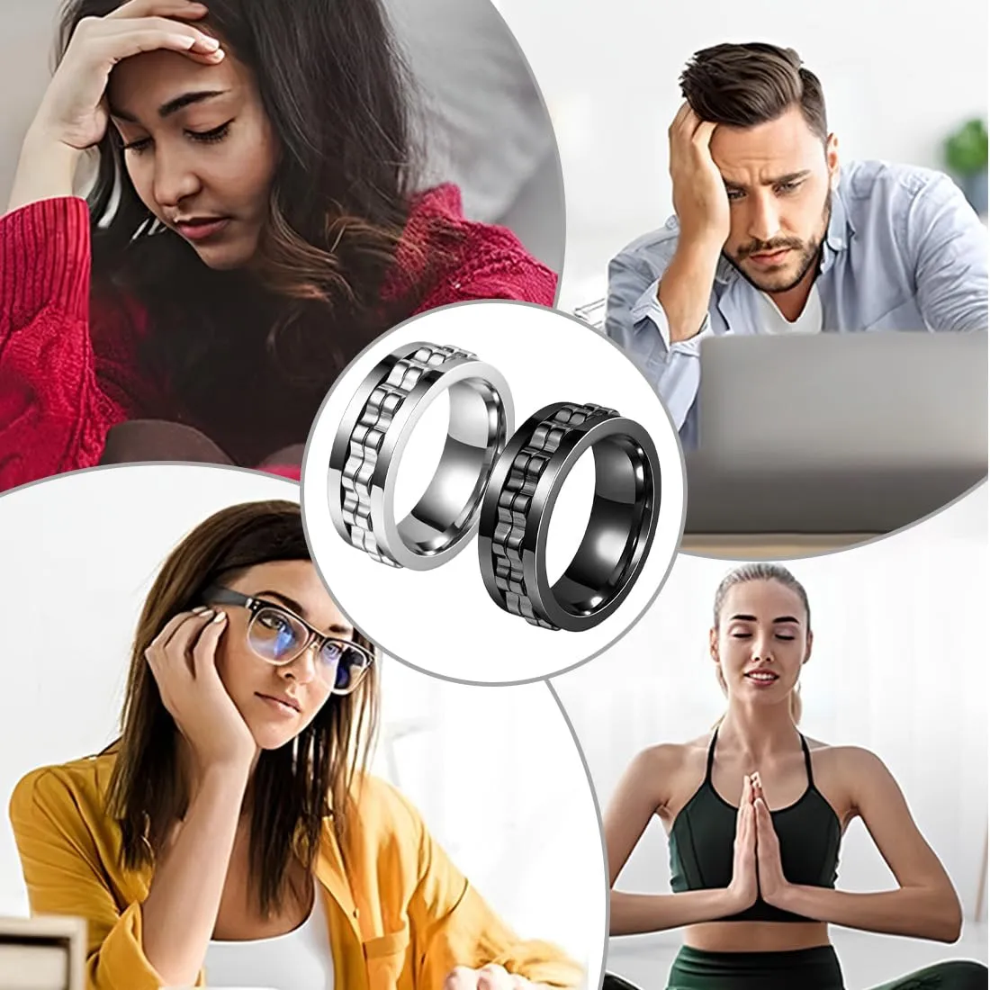 UIEXAY 2 Pezzi Fidget - Anello Antistress E Antiansia, 8 Mm, Lucidato, Accessori Alla Moda, Anello Uomo Regolabile, Anelli Uomo Acciaio Inossidabile, Regalo Per Uomini E Donne (Argento, Nero) - immagine 5