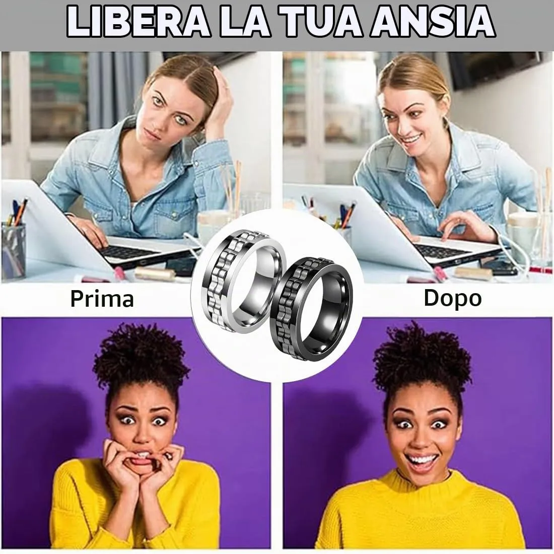 UIEXAY 2 Pezzi Fidget - Anello Antistress E Antiansia, 8 Mm, Lucidato, Accessori Alla Moda, Anello Uomo Regolabile, Anelli Uomo Acciaio Inossidabile, Regalo Per Uomini E Donne (Argento, Nero) - immagine 6