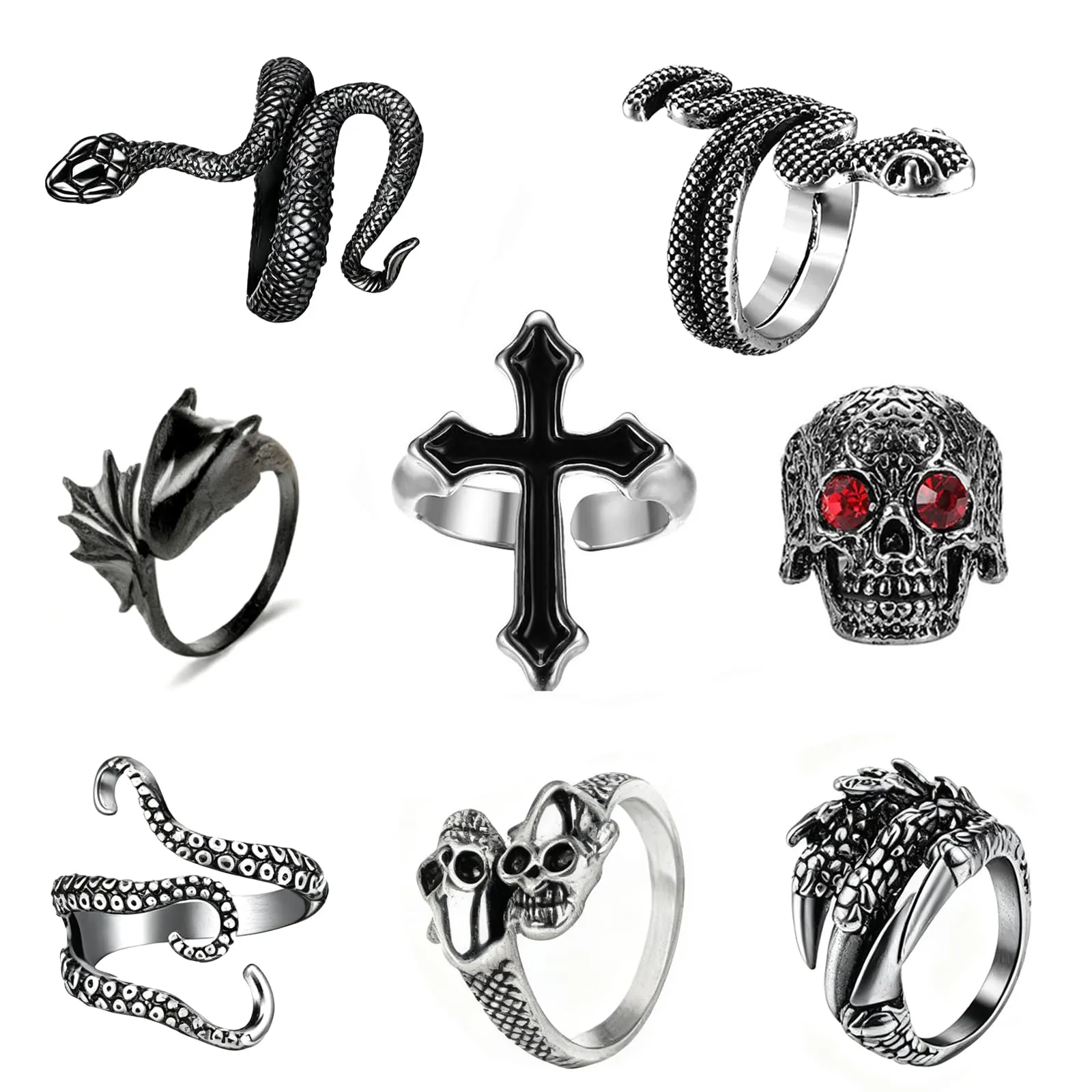 yolzhxe 8 Pezzi Vintage Punk Rings Set, Ajustable Goth Teschio Anello Uomo, Acciaio Inossidabile Anelli, Impilabili Anello Croce Teschio Serpente, per Halloween e Feste a Tema - immagine 1