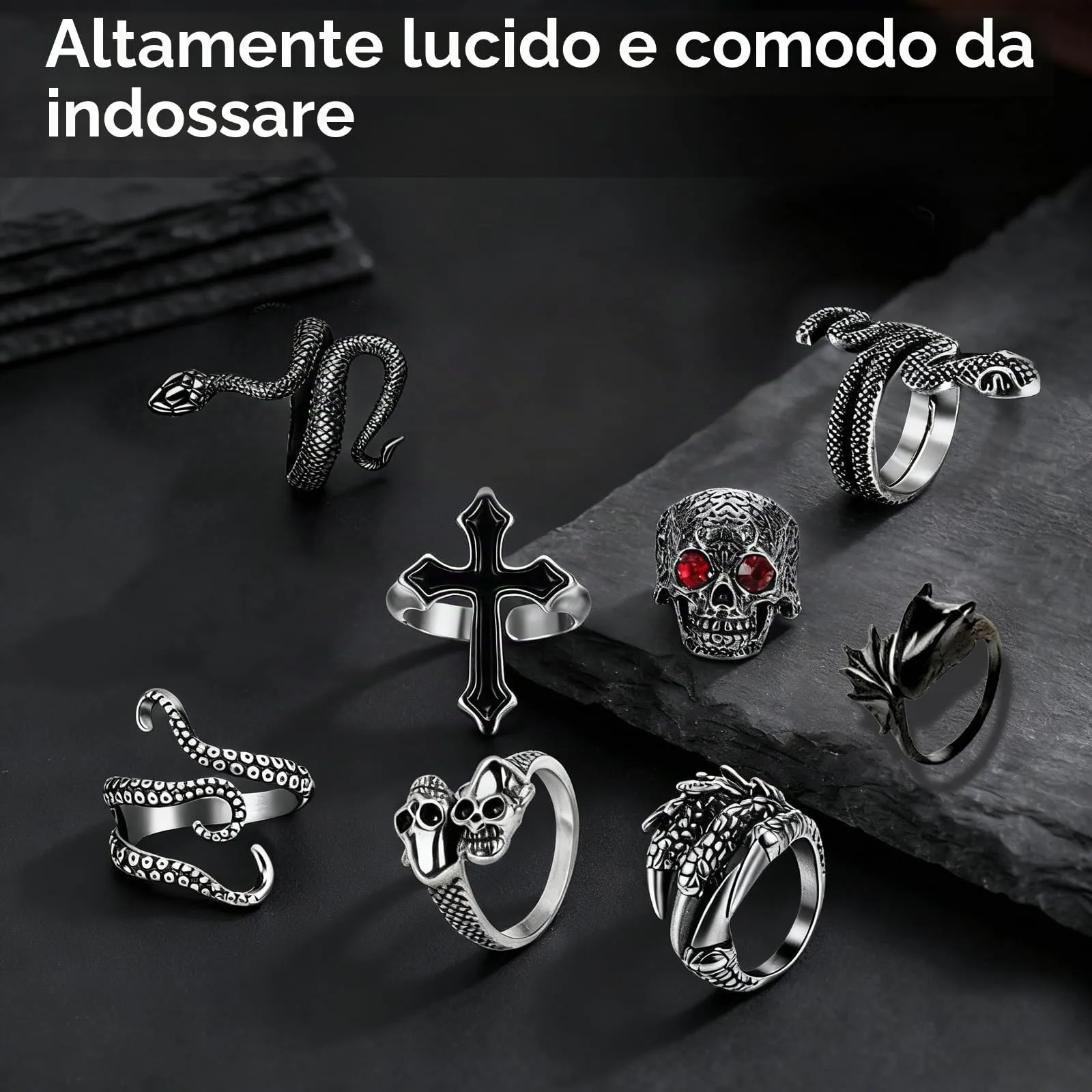 yolzhxe 8 Pezzi Vintage Punk Rings Set, Ajustable Goth Teschio Anello Uomo, Acciaio Inossidabile Anelli, Impilabili Anello Croce Teschio Serpente, per Halloween e Feste a Tema - immagine 3