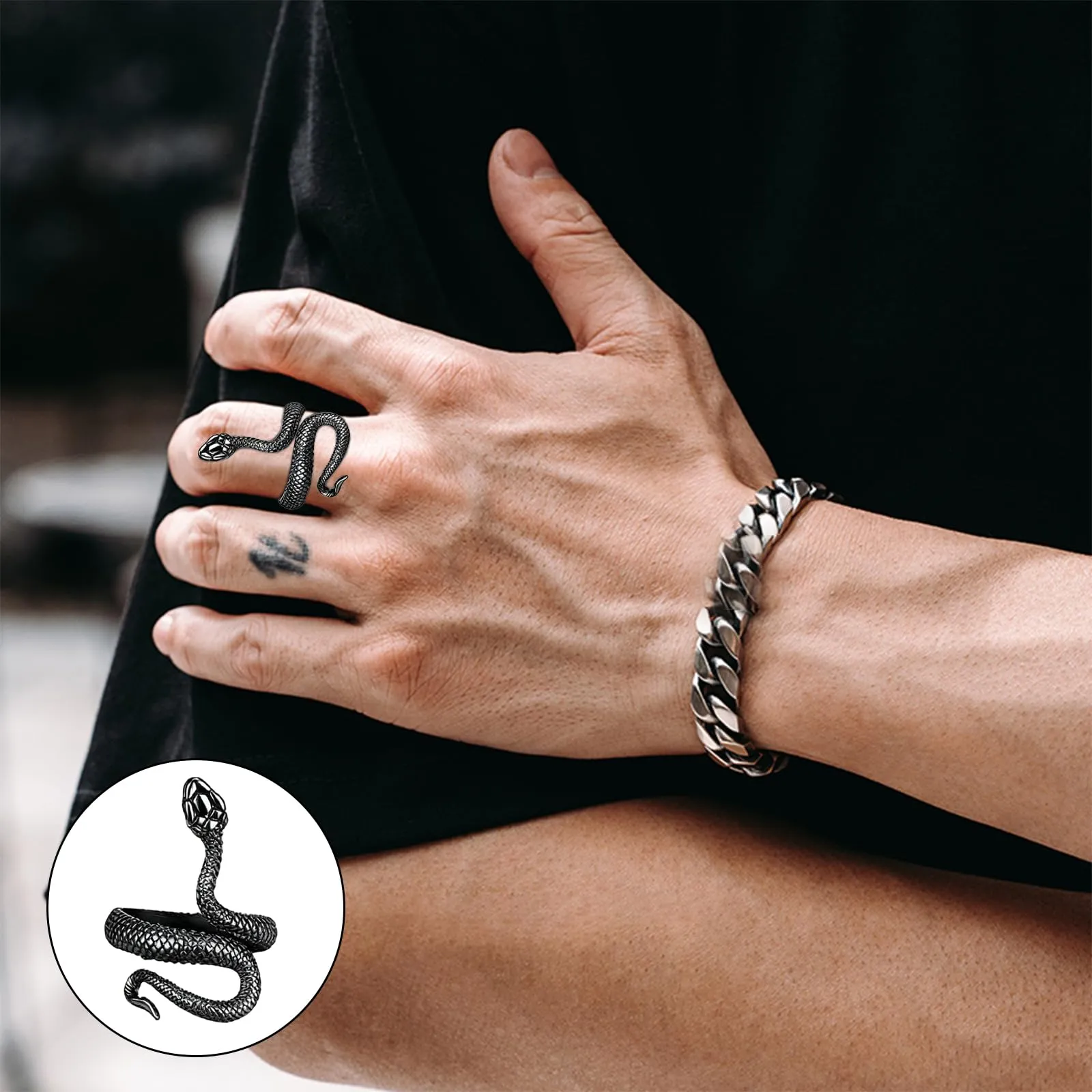 yolzhxe 8 Pezzi Vintage Punk Rings Set, Ajustable Goth Teschio Anello Uomo, Acciaio Inossidabile Anelli, Impilabili Anello Croce Teschio Serpente, per Halloween e Feste a Tema - immagine 5