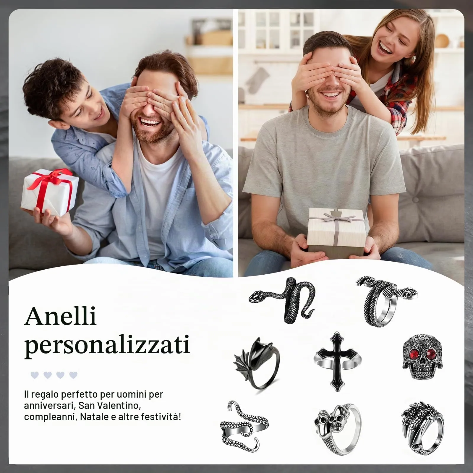 yolzhxe 8 Pezzi Vintage Punk Rings Set, Ajustable Goth Teschio Anello Uomo, Acciaio Inossidabile Anelli, Impilabili Anello Croce Teschio Serpente, per Halloween e Feste a Tema - immagine 7