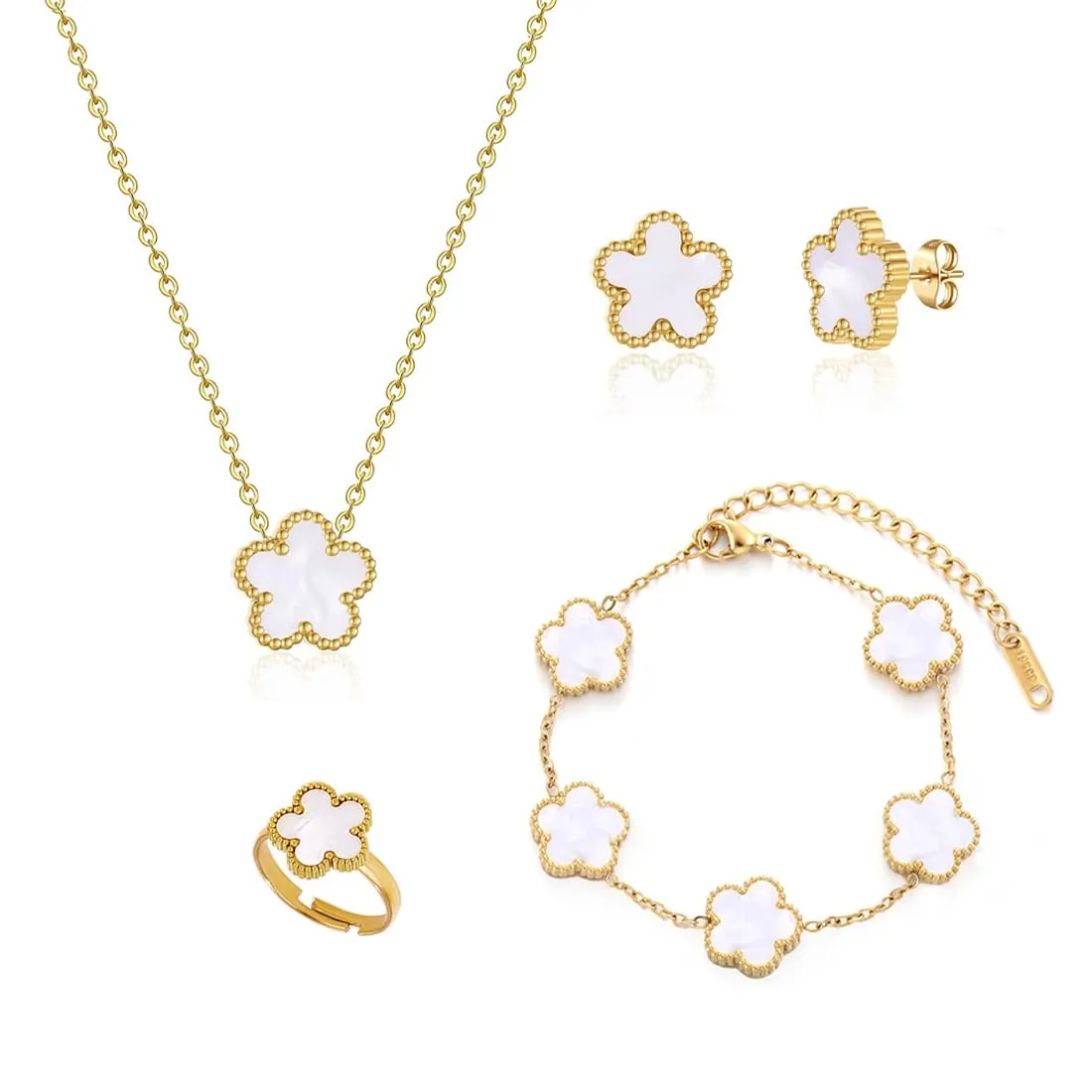 Parure Gioielli Quadrifoglio da Donna 18K Placcato Oro Acciaio Inossidabile Fortunato Quadrifoglio Collana Orecchini Bracciali Anello Fiore Set di Gioielli Regalo Per Fidanzata Mamma Sposa (Bianco) - immagine 1