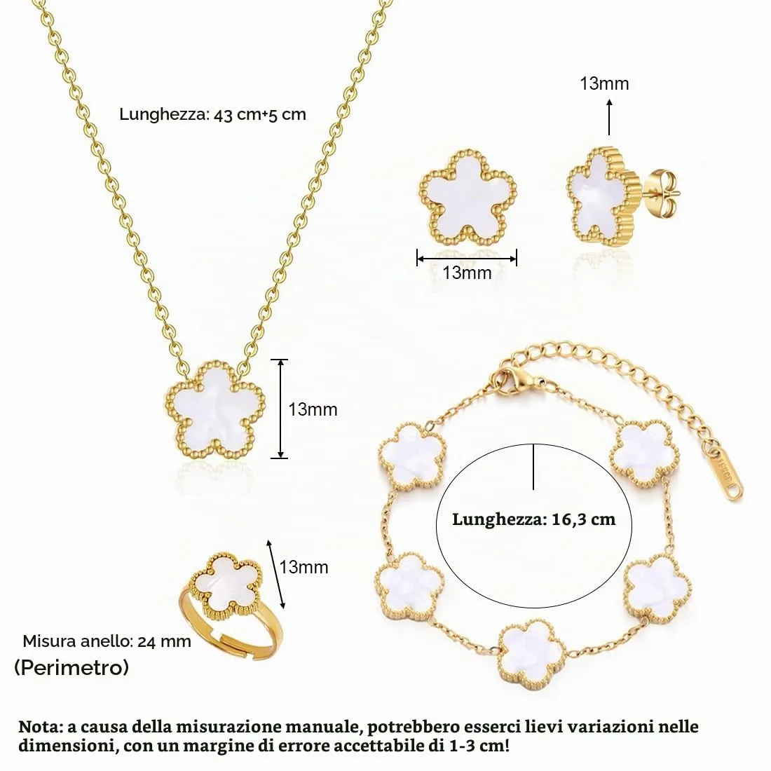 Parure Gioielli Quadrifoglio da Donna 18K Placcato Oro Acciaio Inossidabile Fortunato Quadrifoglio Collana Orecchini Bracciali Anello Fiore Set di Gioielli Regalo Per Fidanzata Mamma Sposa (Bianco) - immagine 2