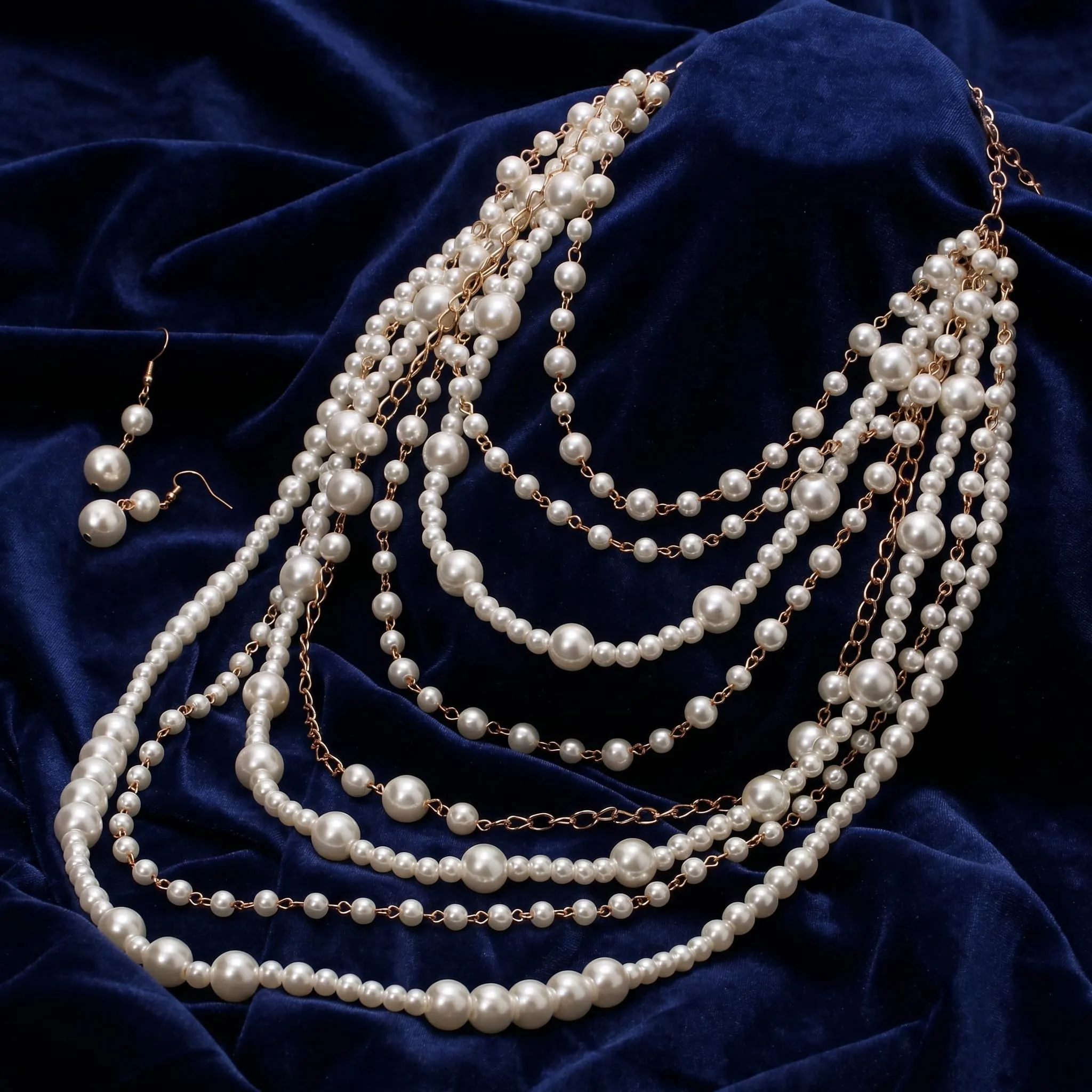 Clearine - Set di gioielli in stile vintage anni '20, collana a catena, orecchini a gancetto da donna, per matrimonio, Halloween, cosplay, festa, ballo di fine anno, Perla sintetica - immagine 3