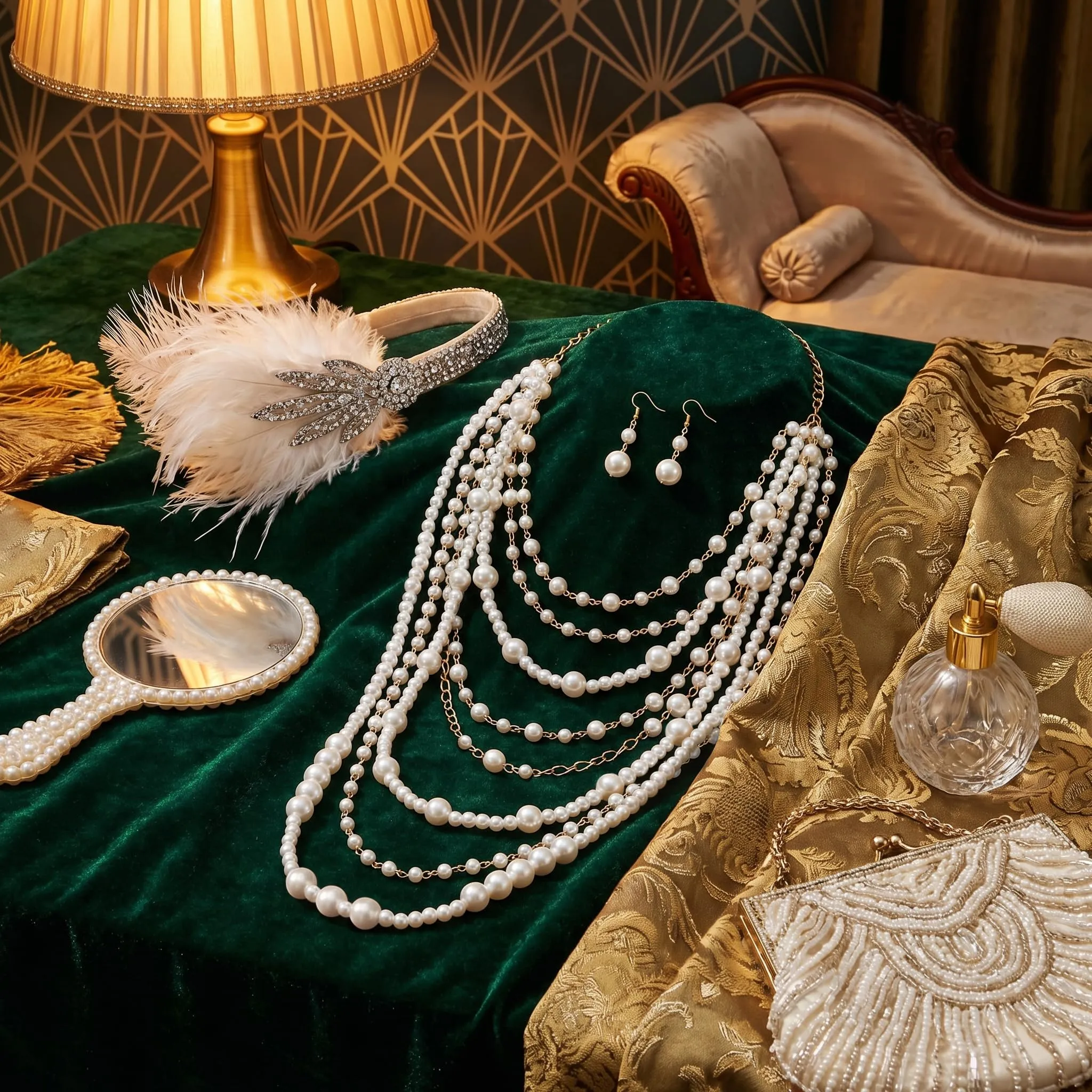 Clearine - Set di gioielli in stile vintage anni '20, collana a catena, orecchini a gancetto da donna, per matrimonio, Halloween, cosplay, festa, ballo di fine anno, Perla sintetica - immagine 5