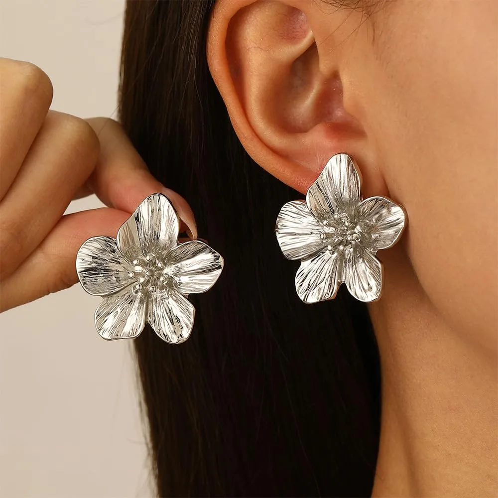 XFSRG 4 Pezzi Parure Gioielli Donna Fiore Set di Gioielli Floreali Ciondolo Orecchini Collana Orecchini Grandi Fiore Collana con Ciondolo a Forma di Fiori per Occasioni Speciali (Argento) - immagine 2