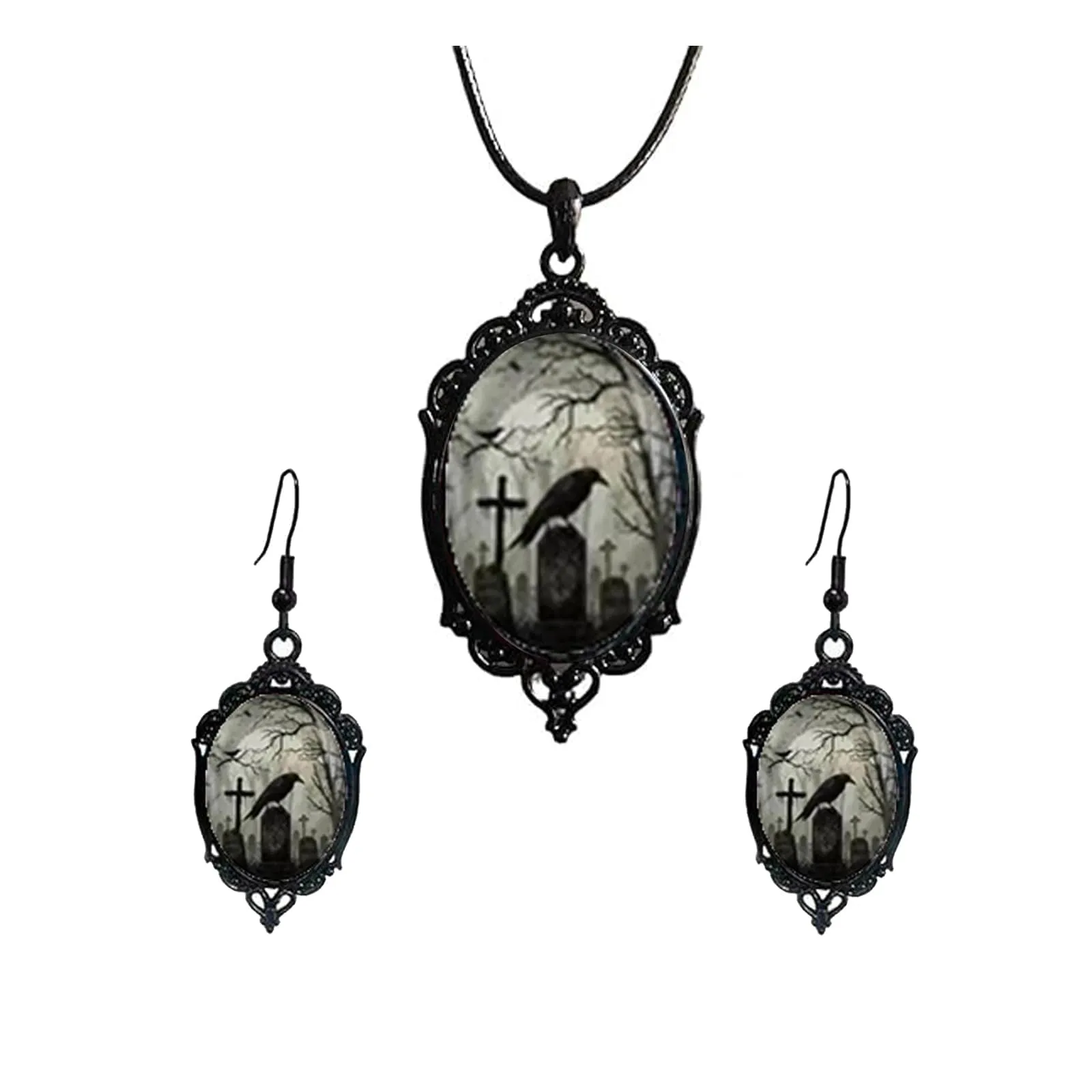 Gioielli Gotici Set Halloween, Collana Ciondolo Corvo e Orecchini - immagine 1