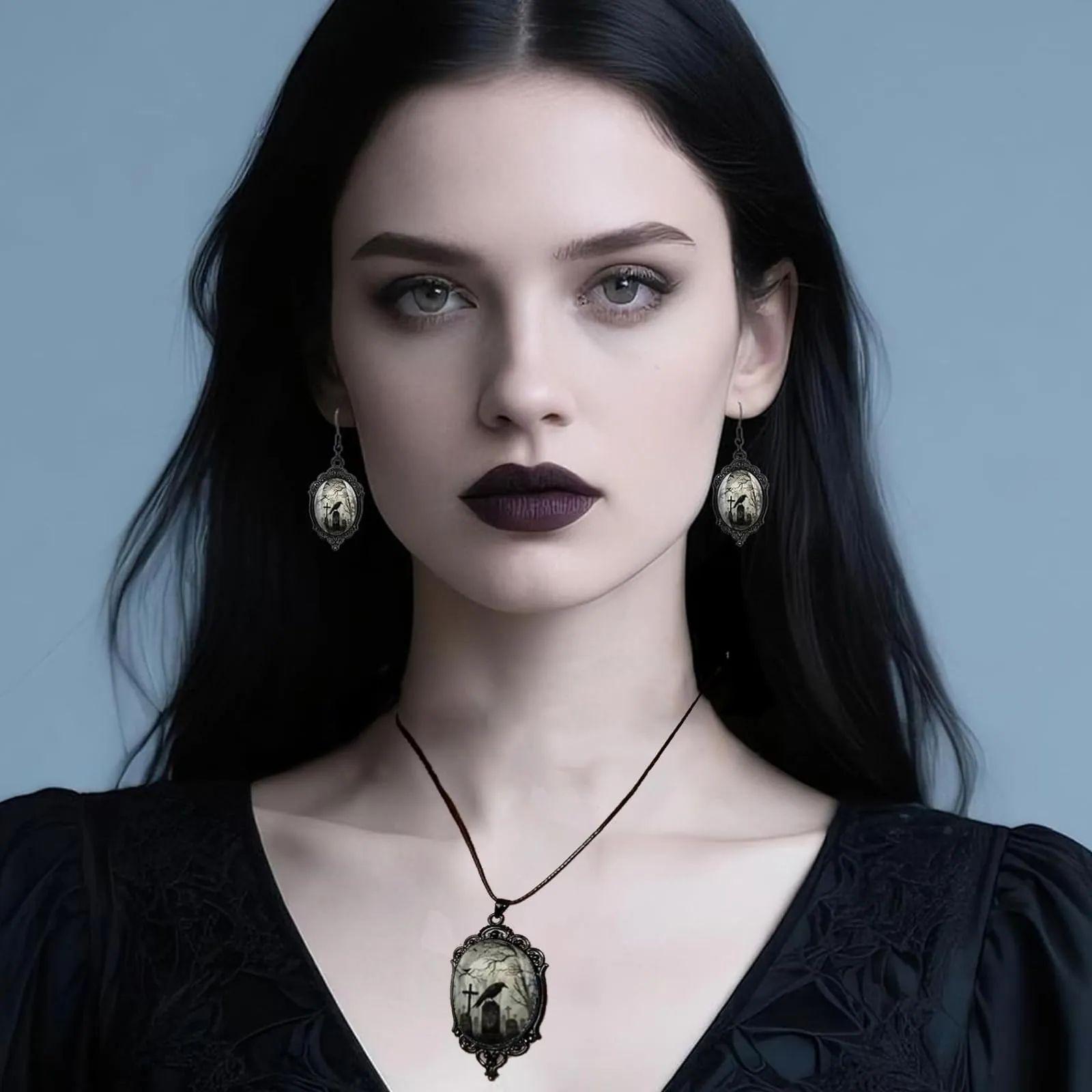 Gioielli Gotici Set Halloween, Collana Ciondolo Corvo e Orecchini - immagine 3