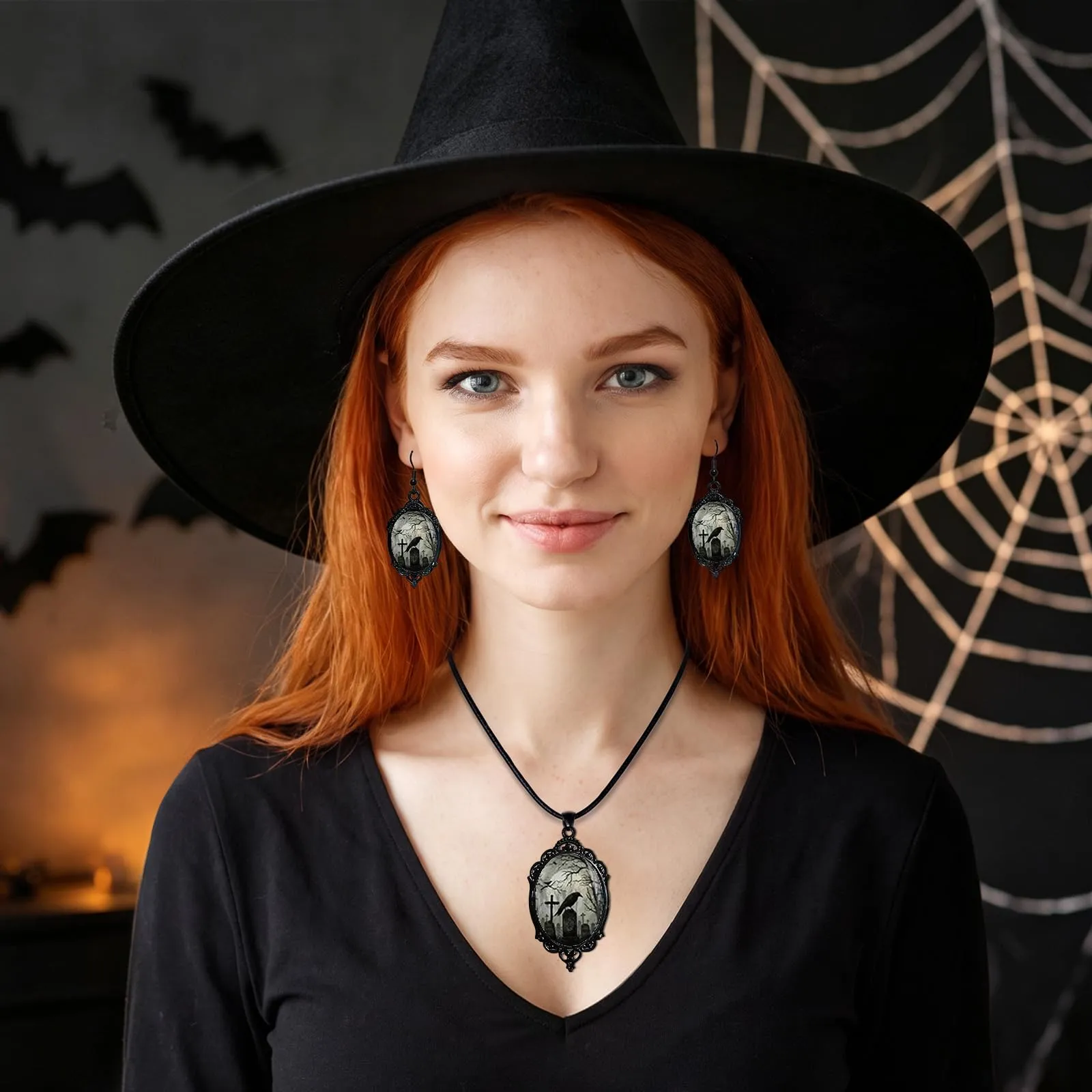 Gioielli Gotici Set Halloween, Collana Ciondolo Corvo e Orecchini - immagine 6