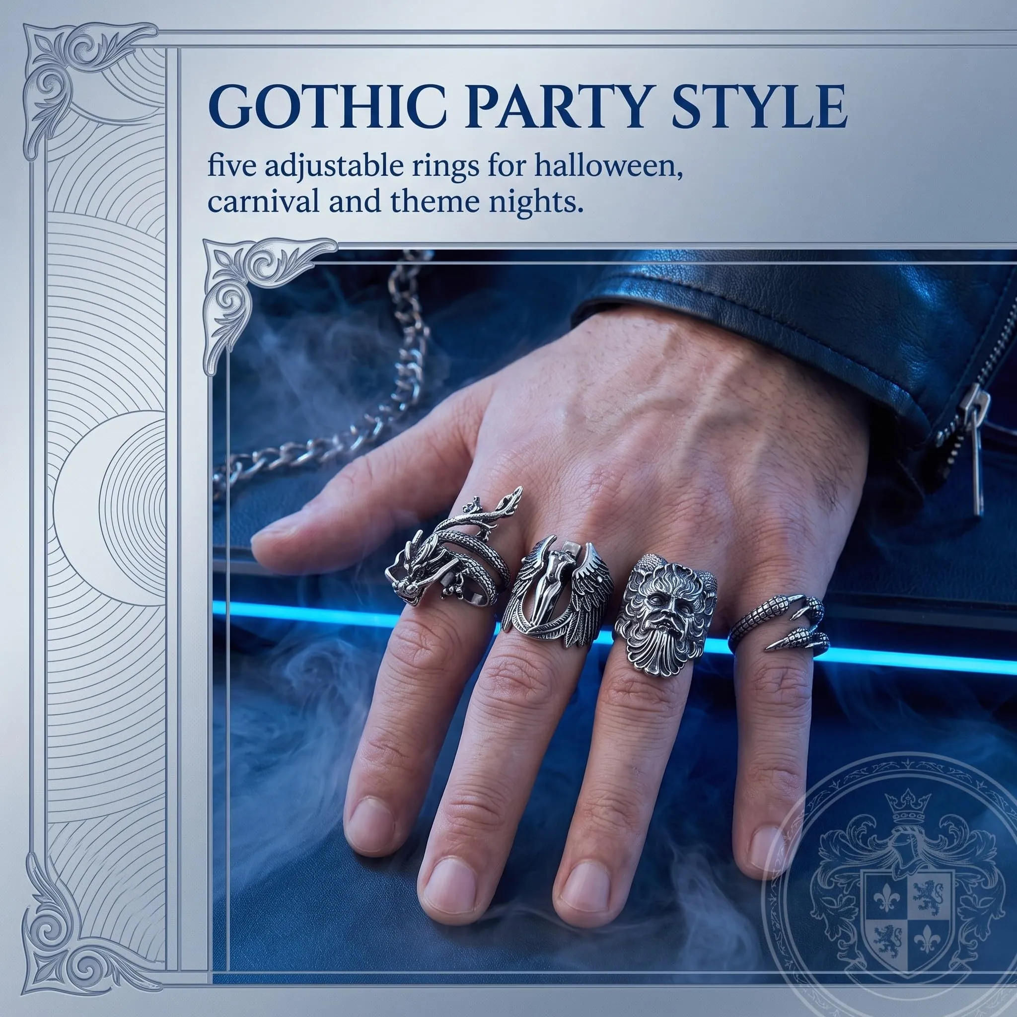 HAGNA 5 Pezzi Punk Hip Hop Skull Halloween Anello, Anello Teschio Anelli Uomo, Regolabili Teschio Anelli Lega, Vintage Gotico Teschio Anello (A) - immagine 4