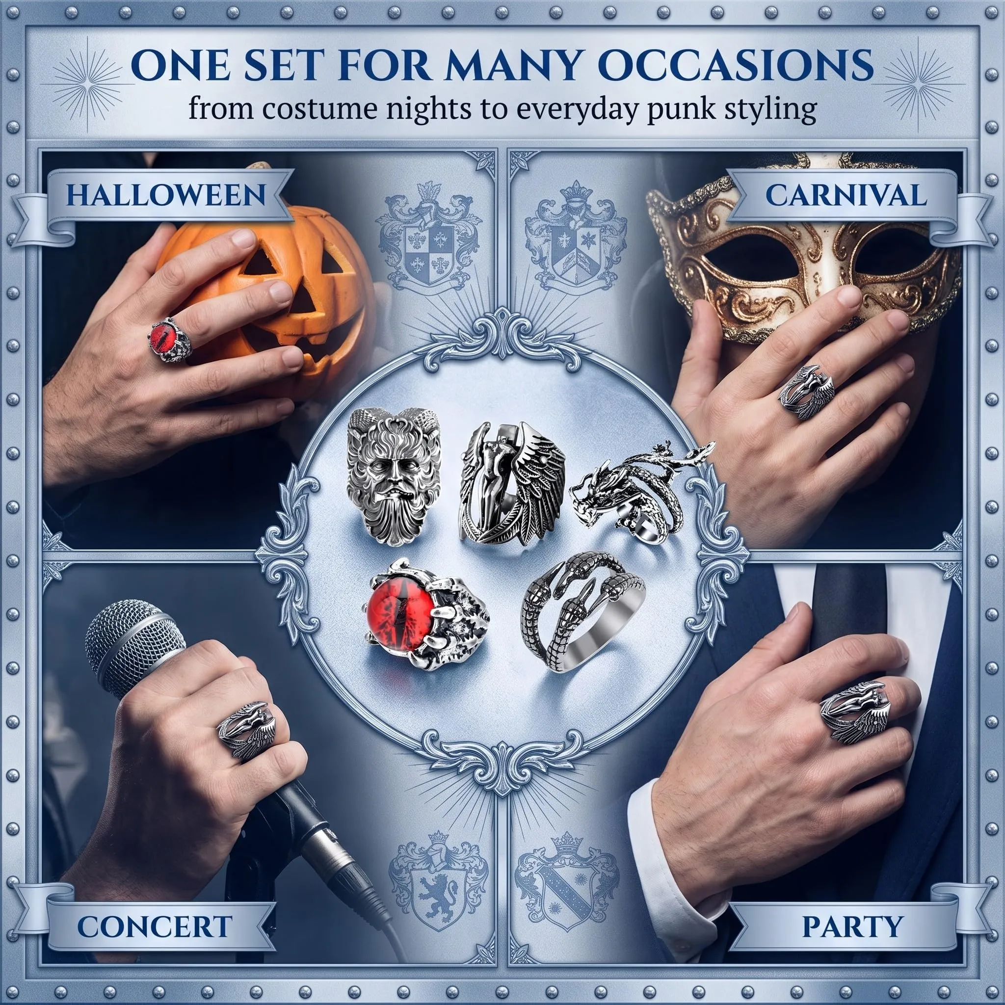 HAGNA 5 Pezzi Punk Hip Hop Skull Halloween Anello, Anello Teschio Anelli Uomo, Regolabili Teschio Anelli Lega, Vintage Gotico Teschio Anello (A) - immagine 6