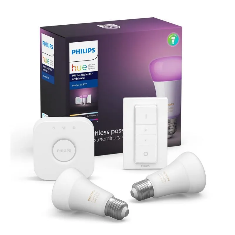 Philips Hue White and Color Kit 2 Lampadine LED Smart E27 9W + Bridge + Telecomando - immagine 1