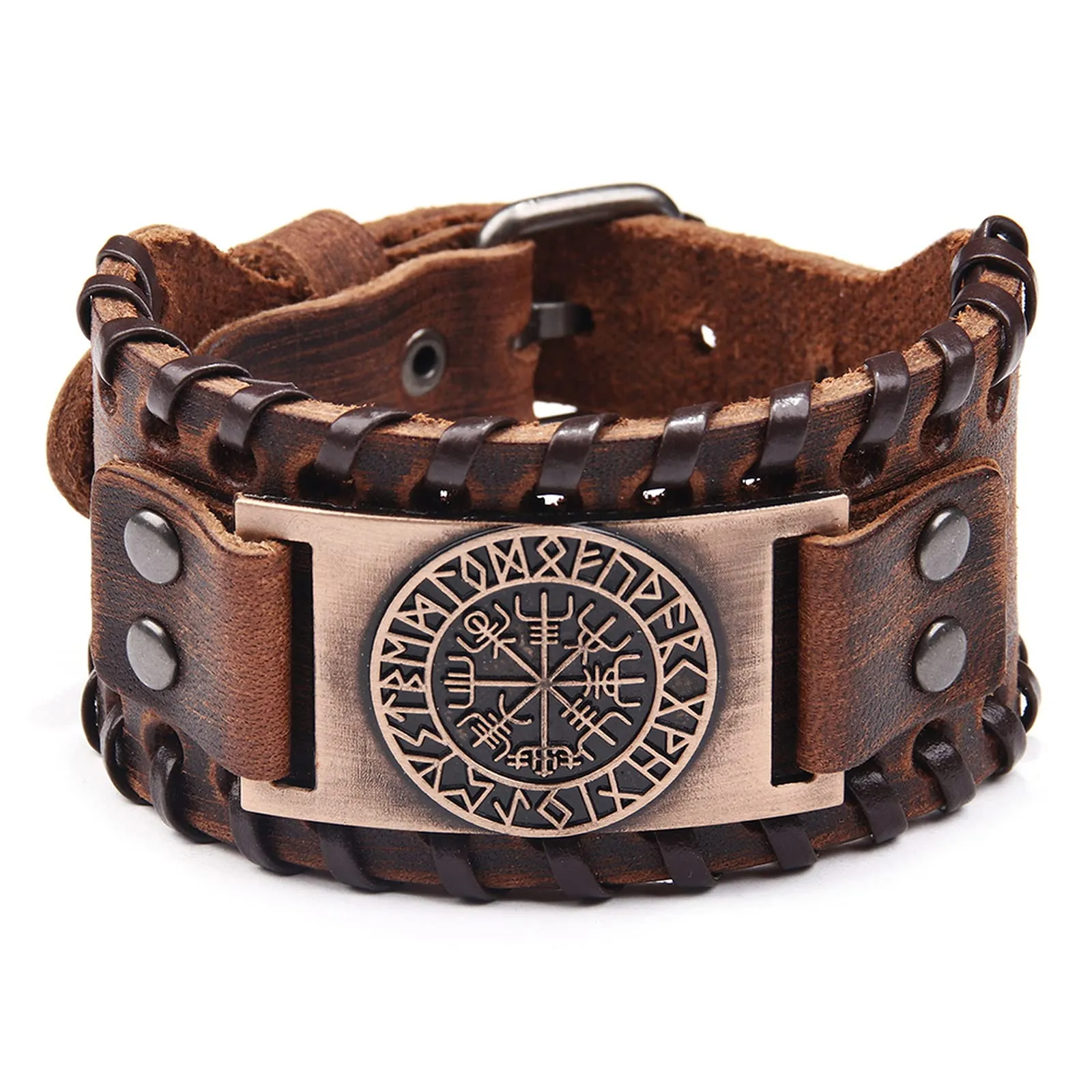 Bracciale vichingo marrone - Bracciale regolabile con amuleto nordico della bussola Vegvisir, gioielleria celtica pagana con talismano, 18 a 22,5 cm, Cuoio - immagine 1