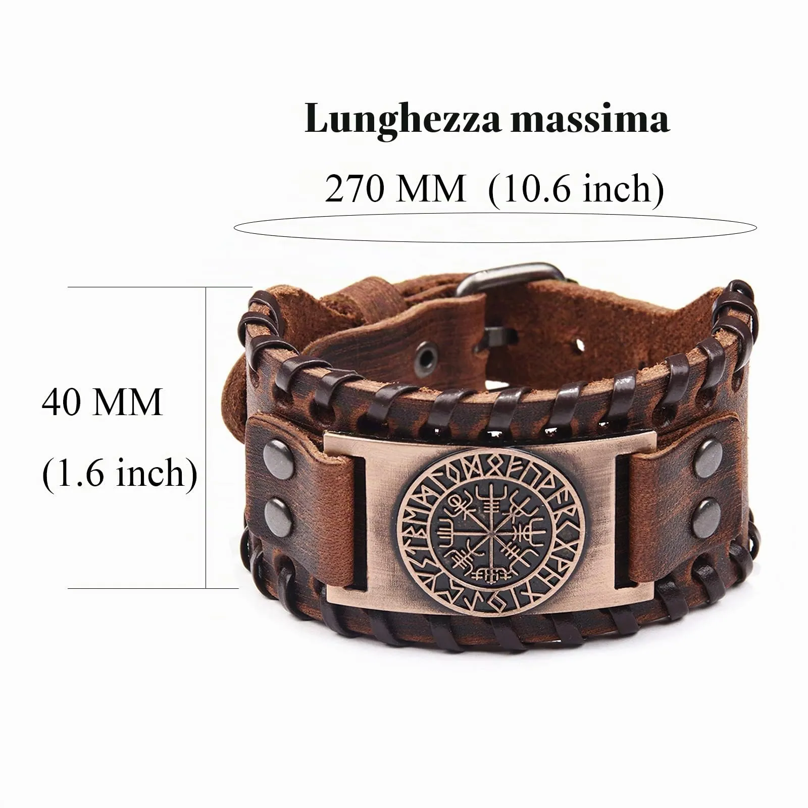 Bracciale vichingo marrone - Bracciale regolabile con amuleto nordico della bussola Vegvisir, gioielleria celtica pagana con talismano, 18 a 22,5 cm, Cuoio - immagine 2