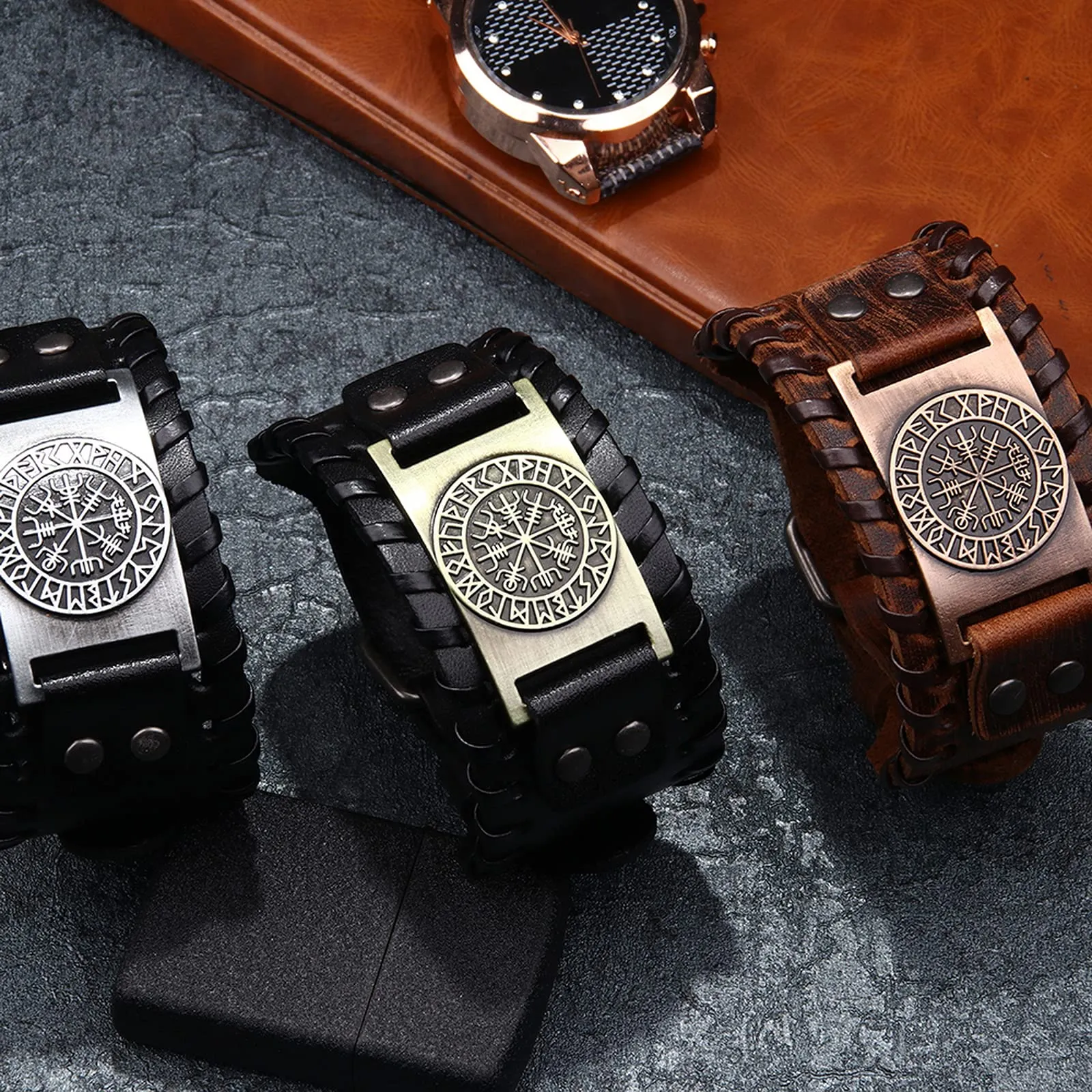Bracciale vichingo marrone - Bracciale regolabile con amuleto nordico della bussola Vegvisir, gioielleria celtica pagana con talismano, 18 a 22,5 cm, Cuoio - immagine 5