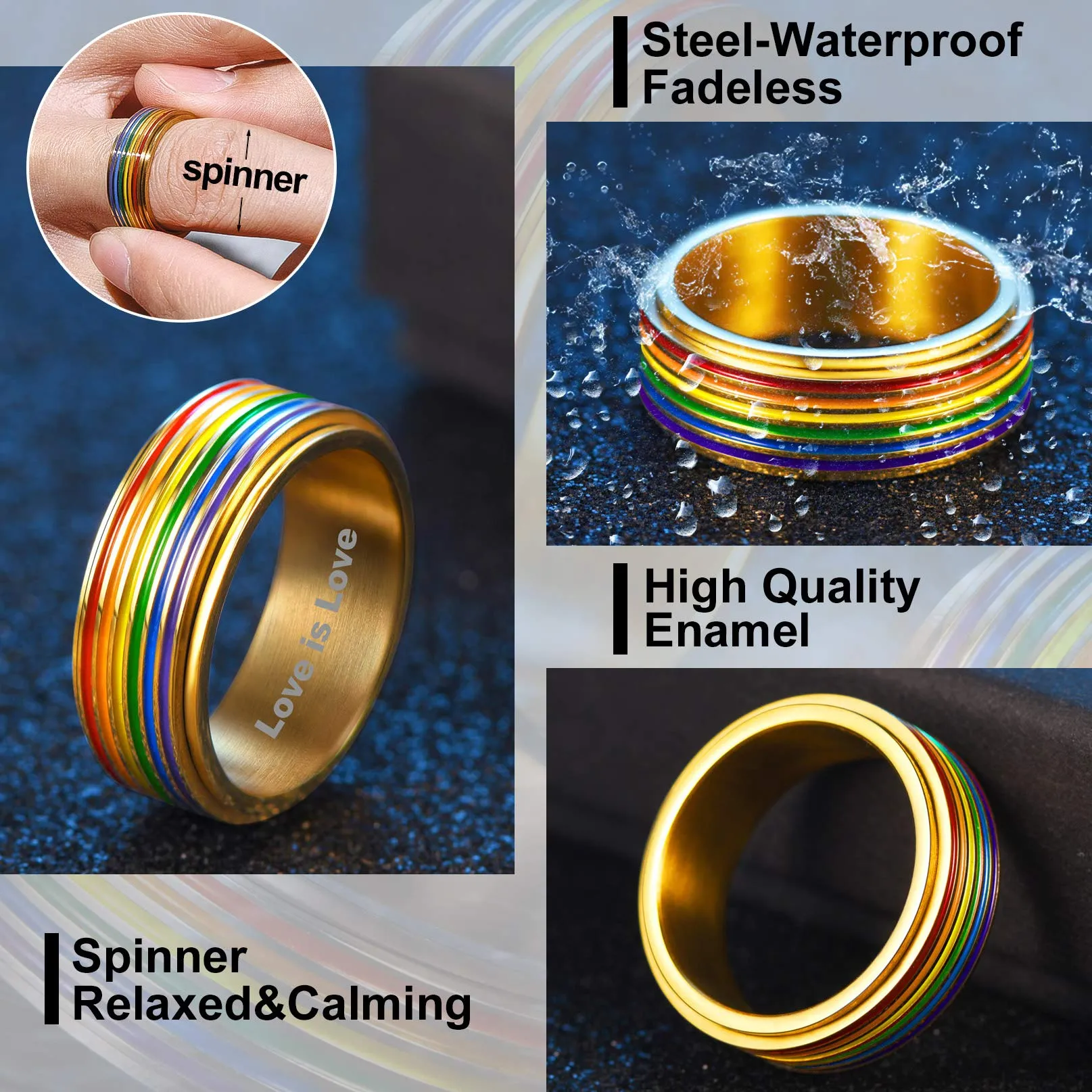 Bandmax LGBT Gay Pride Anello Uomo Arcobaleno Girevole, Placcato Oro 18K Anelli Uomo in Acciaio Inossidabile, 22 Taglia Anello Personalizzato Gioielli Donna Uomo di Moda, Idee Regalo per Coppia Amici - immagine 2
