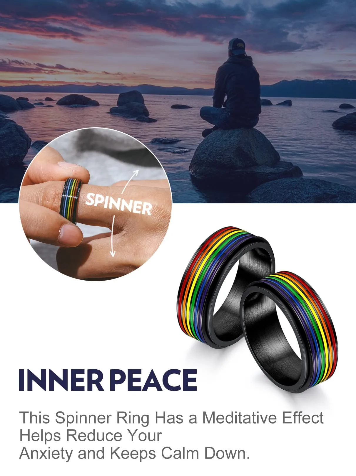 Bandmax LGBT Gay Pride Anello Uomo Arcobaleno Girevole, Nero Anelli Uomo in Acciaio Inossidabile, 22 Taglia Anello Personalizzato Gioielli Donna Uomo di Moda, Idee Regalo per Coppia Amici - immagine 4
