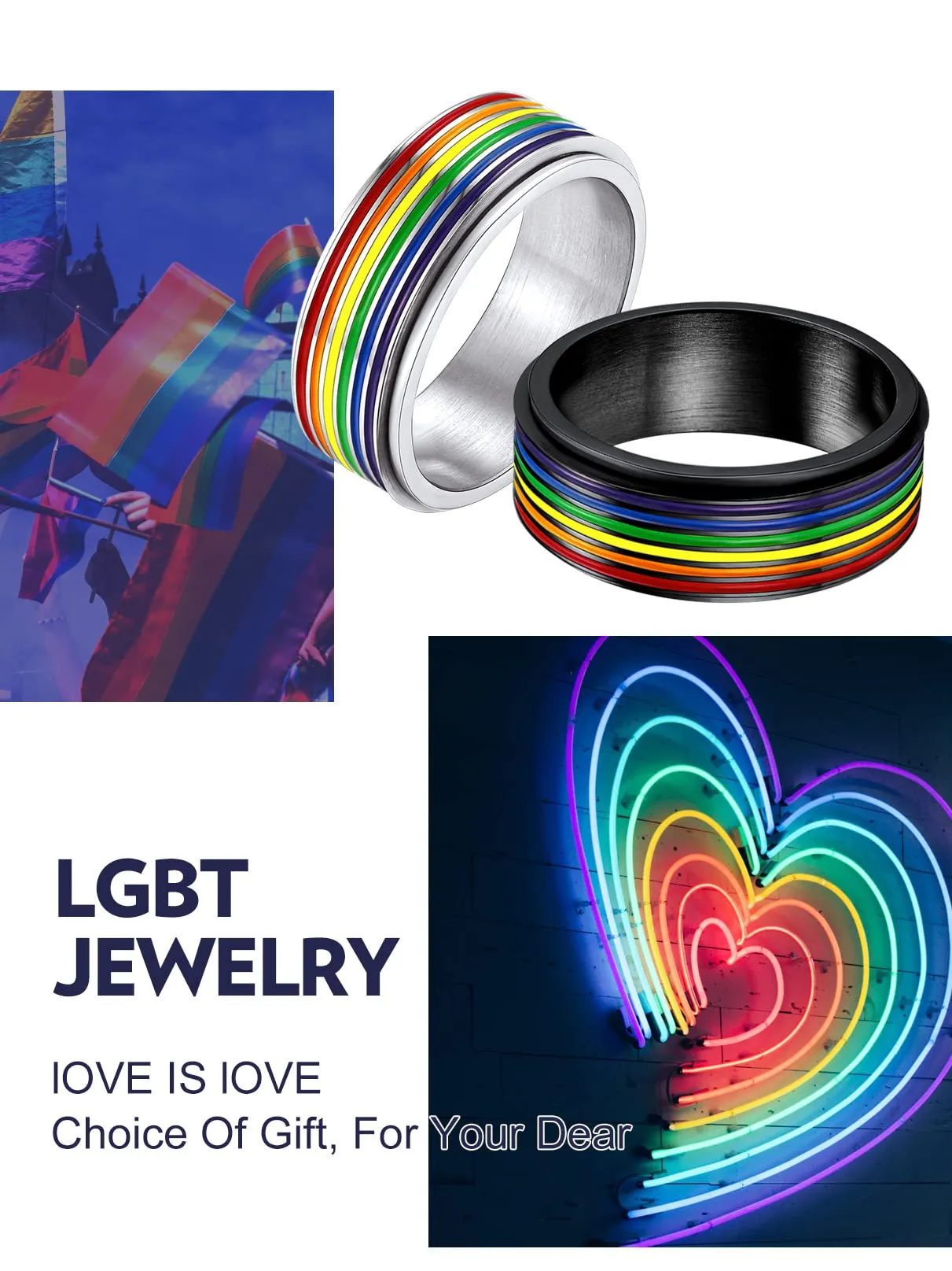 Bandmax LGBT Gay Pride Anello Uomo Arcobaleno Girevole, Argento Anelli Uomo in Acciaio Inossidabile, 27 Taglia Anello Personalizzato Gioielli Donna Uomo di Moda, Idee Regalo per Coppia Amici - immagine 7