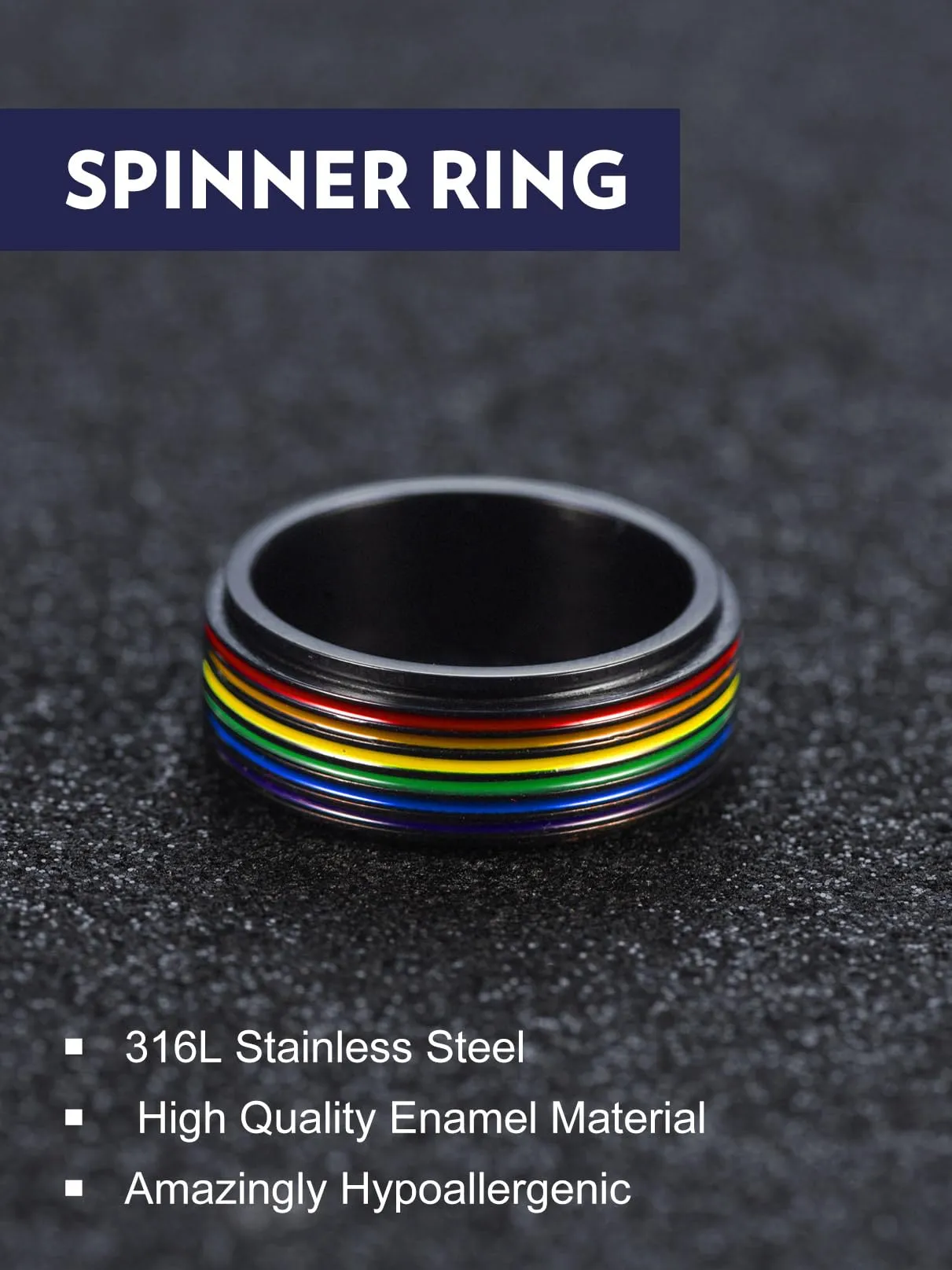 Bandmax LGBT Gay Pride Anello Uomo Donna Arcobaleno Girevole, Nero Anelli Uomo in Acciaio Inossidabile, 20 Taglia Anello Gioielli Donna Uomo di Moda, Idee Regalo Compleanno Natale per Coppia - immagine 4