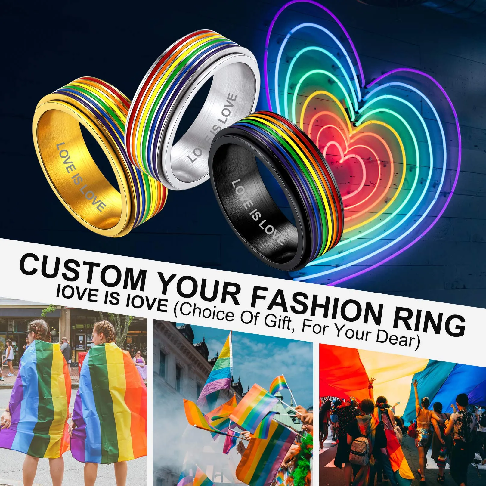 Bandmax LGBT Gay Pride Anello Uomo Arcobaleno Girevole, Placcato Oro 18K Anelli Uomo in Acciaio Inossidabile, 17 Taglia Anello Personalizzato Gioielli Donna Uomo di Moda, Idee Regalo per Coppia Amici - immagine 4