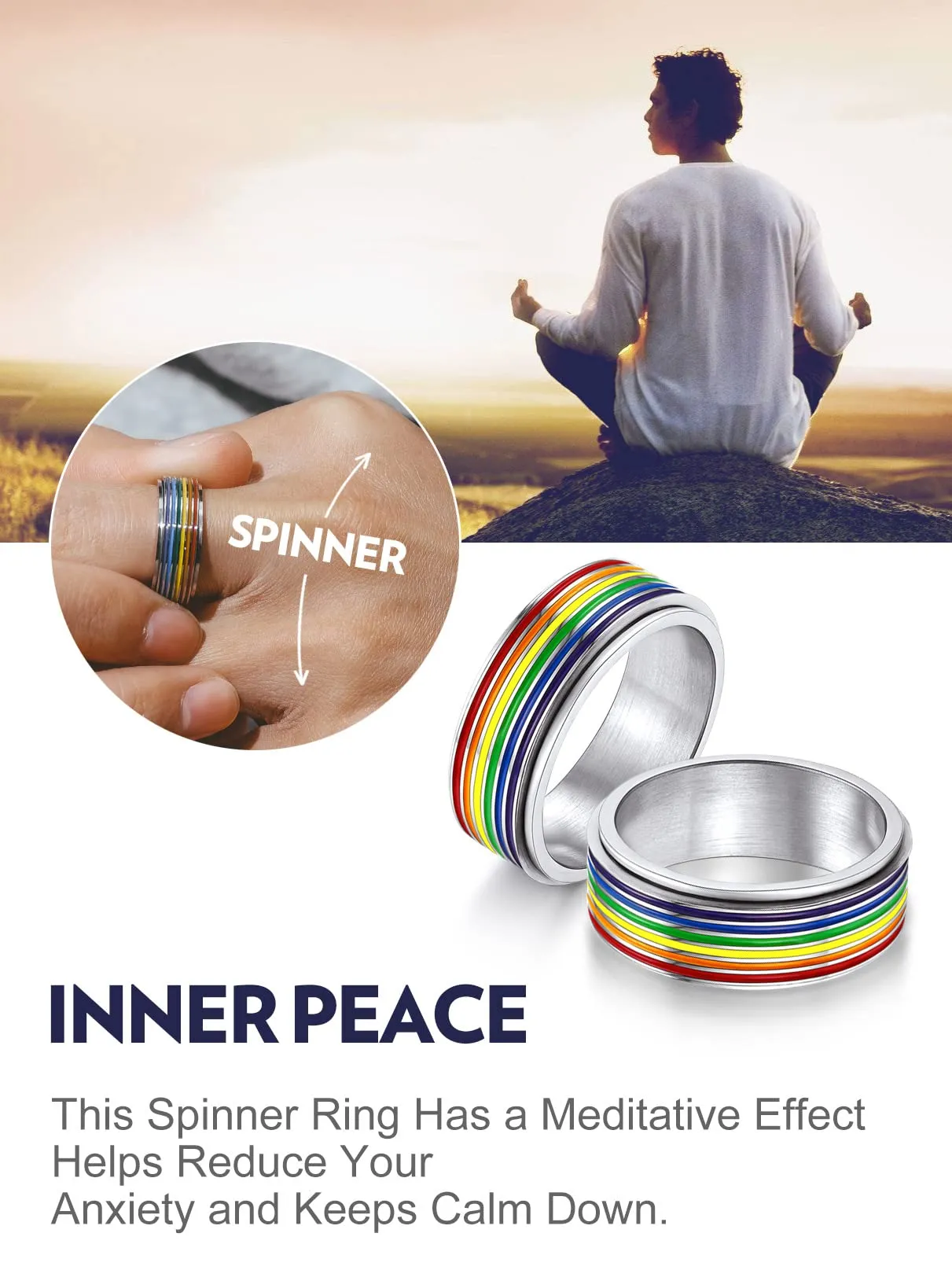 Bandmax LGBT Gay Pride Anello Uomo Arcobaleno Girevole, Argento Anelli Uomo in Acciaio Inossidabile, 14 Taglia Anello Personalizzato Gioielli Donna Uomo di Moda, Idee Regalo per Coppia Amici - immagine 5
