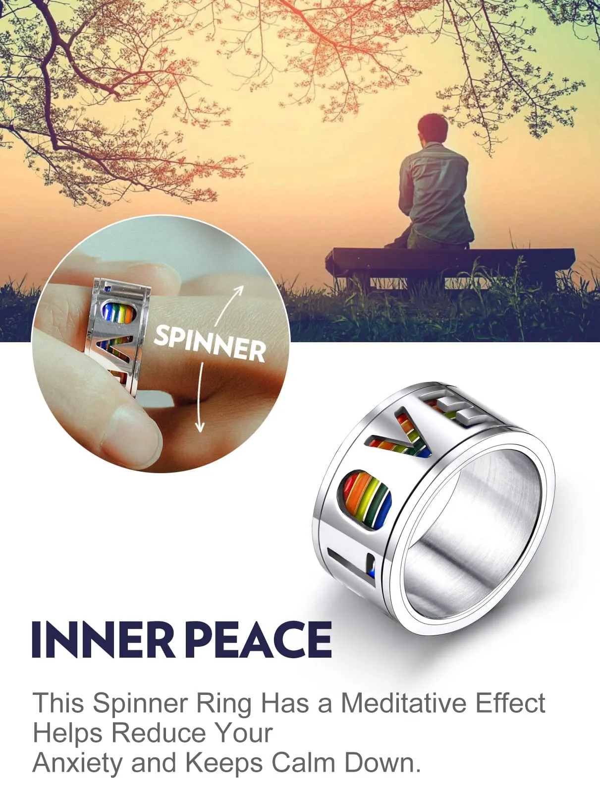 Bandmax LGBT Gay Pride Anello Uomo Arcobaleno Girevole, Argento Anelli Uomo in Acciaio Inossidabile, 24 Taglia Anello Gioielli Donna Uomo di Moda, Idee Regalo per Coppia Amici - immagine 4