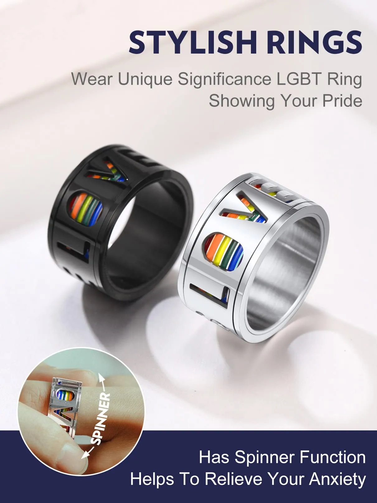 Bandmax LGBT Gay Pride Anello Uomo Arcobaleno Girevole, Argento Anelli Uomo in Acciaio Inossidabile, 20 Taglia Anello Gioielli Donna Uomo di Moda, Idee Regalo per Coppia Amici - immagine 8