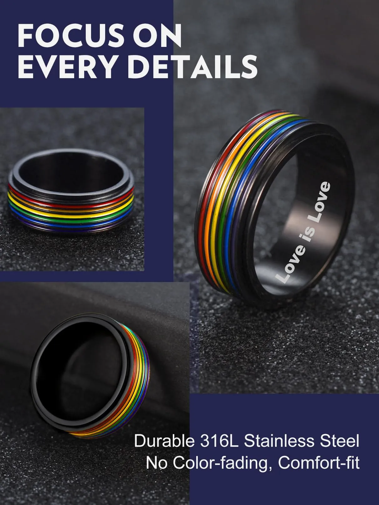 Bandmax LGBT Gay Pride Anello Uomo Arcobaleno Girevole, Nero Anelli Uomo in Acciaio Inossidabile, 24 Taglia Anello Personalizzato Gioielli Donna Uomo di Moda, Idee Regalo per Coppia Amici - immagine 7