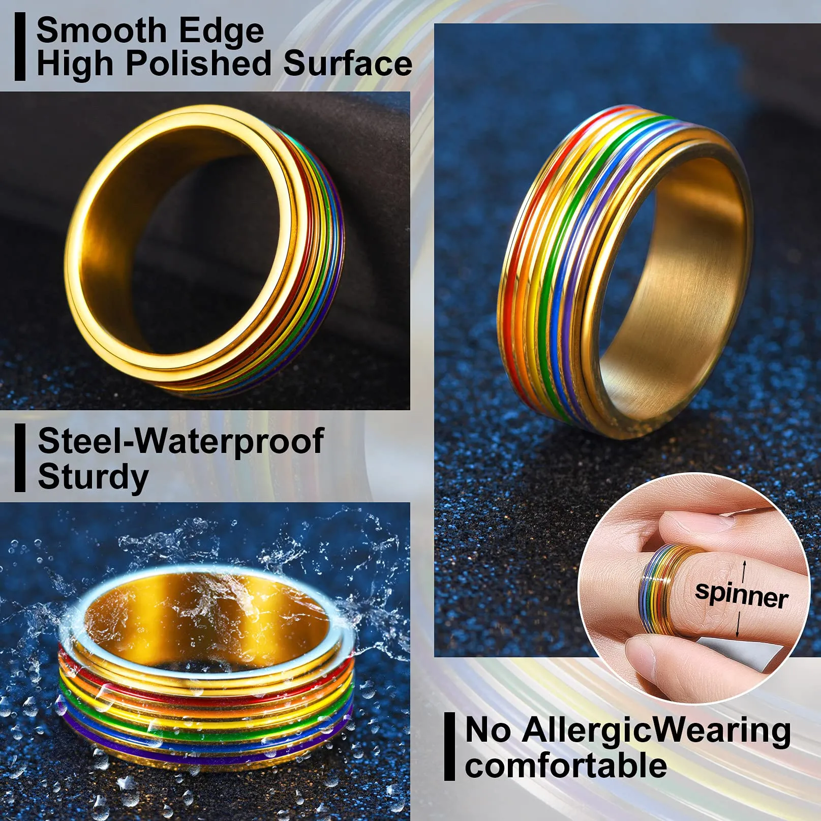 Bandmax LGBT Gay Pride Anello Uomo Donna Arcobaleno Girevole, Placcato Oro 18K Anelli Uomo in Acciaio Inossidabile, 20 Taglia Anello Gioielli Donna Uomo di Moda, Idee Regalo Compleanno Natale Coppia - immagine 2