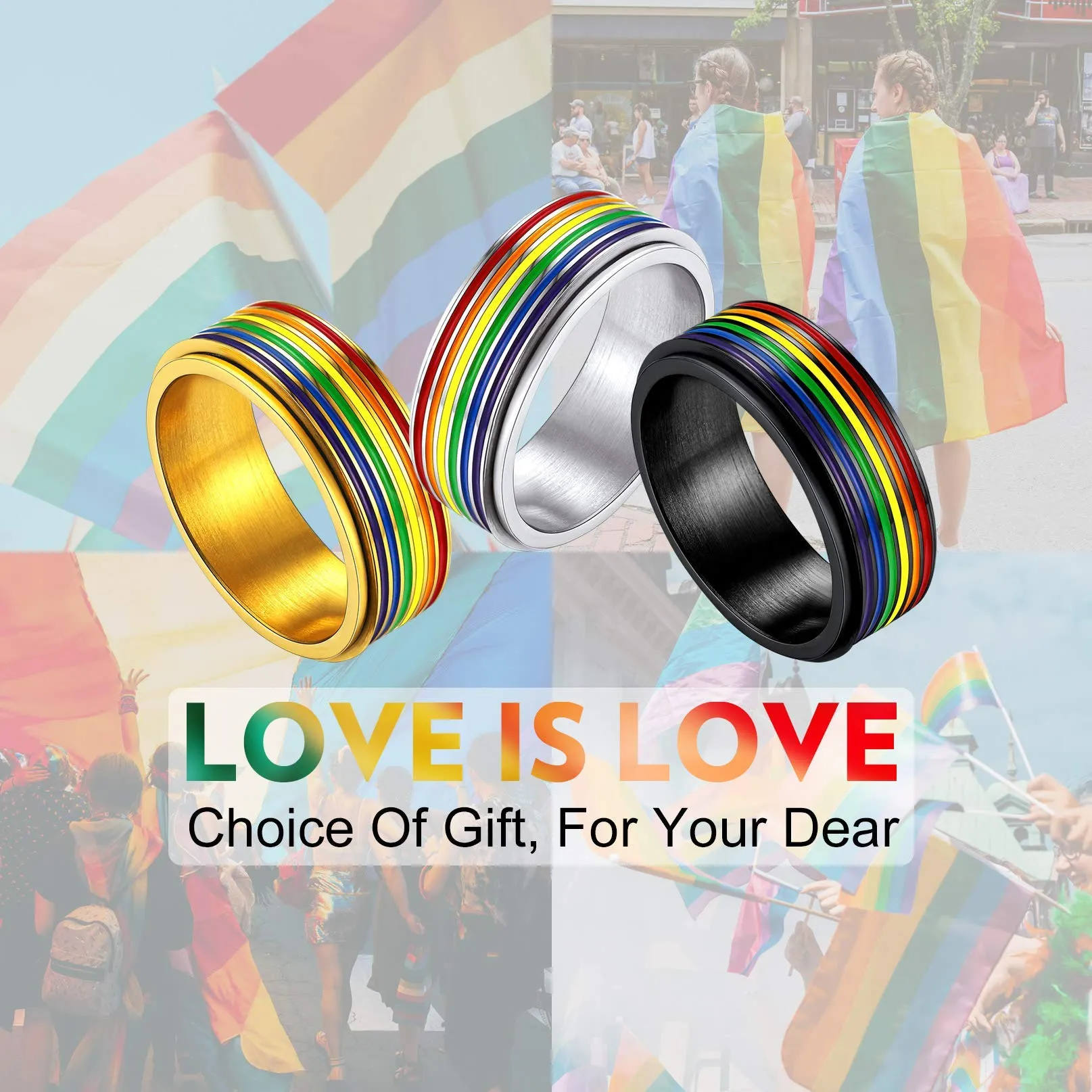 Bandmax LGBT Gay Pride Anello Uomo Donna Arcobaleno Girevole, Placcato Oro 18K Anelli Uomo in Acciaio Inossidabile, 20 Taglia Anello Gioielli Donna Uomo di Moda, Idee Regalo Compleanno Natale Coppia - immagine 5