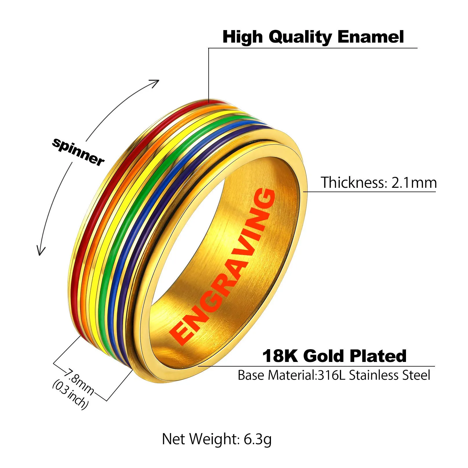 Bandmax LGBT Gay Pride Anello Uomo Arcobaleno Girevole, Placcato Oro 18K Anelli Uomo in Acciaio Inossidabile, 20 Taglia Anello Personalizzato Gioielli Donna Uomo di Moda, Idee Regalo per Coppia Amici - immagine 6