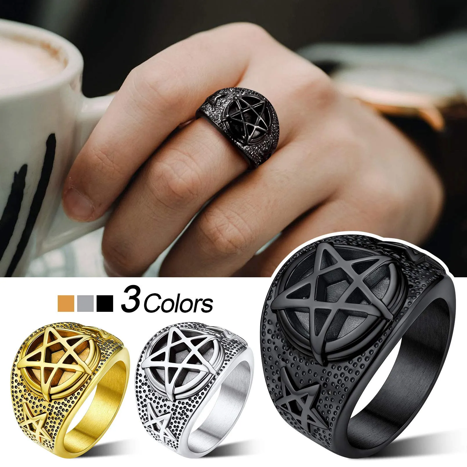 FaithHeart Satana Pentagramma Anello Uomo Pentacolo Invertito Anello Satanico in Rilievo Anello Argento Oro Gotico Hiphop Punk Misura IT 14-27 Regalo Compleanno Coppie - immagine 5