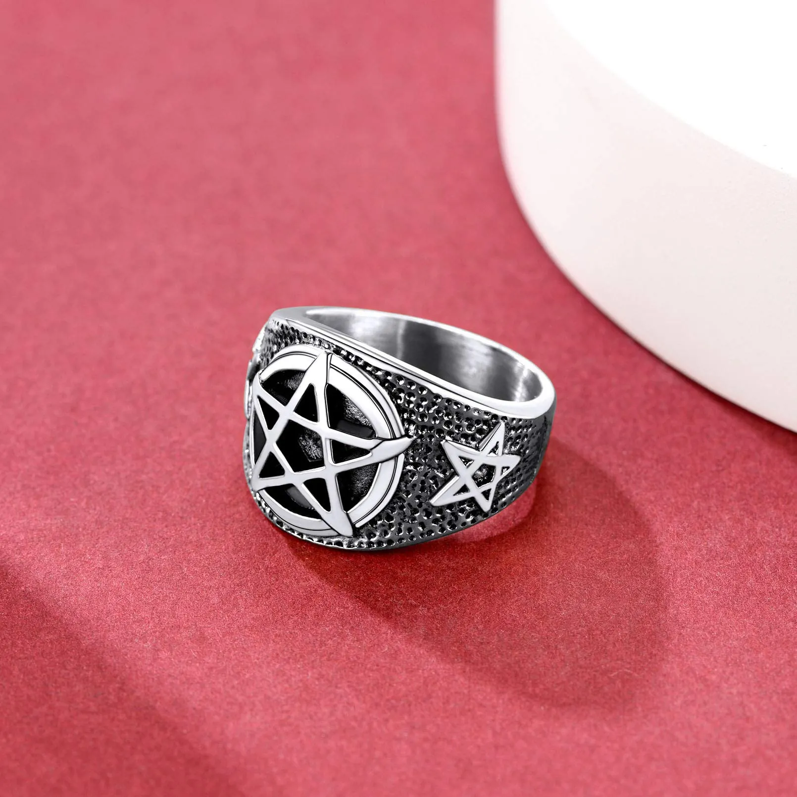 FaithHeart Satana Pentagramma Anello Uomo Pentacolo Invertito Anello Satanico in Rilievo Anello Argento Oro Gotico Hiphop Punk Misura IT 14-27 Regalo Compleanno Coppie - immagine 8
