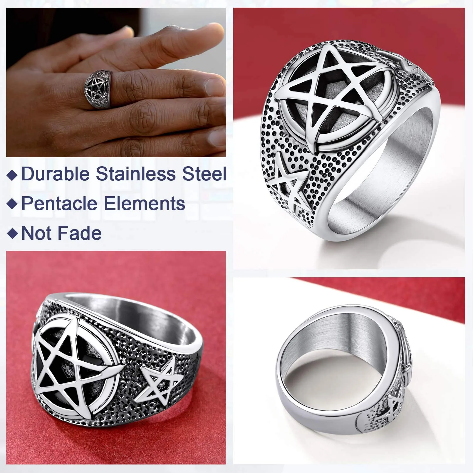 FaithHeart Satana Pentagramma Anello Uomo Pentacolo Invertito Anello Satanico in Rilievo Anello Argento Oro Gotico Hiphop Punk Misura IT 14-27 Regalo Compleanno Coppie - immagine 6