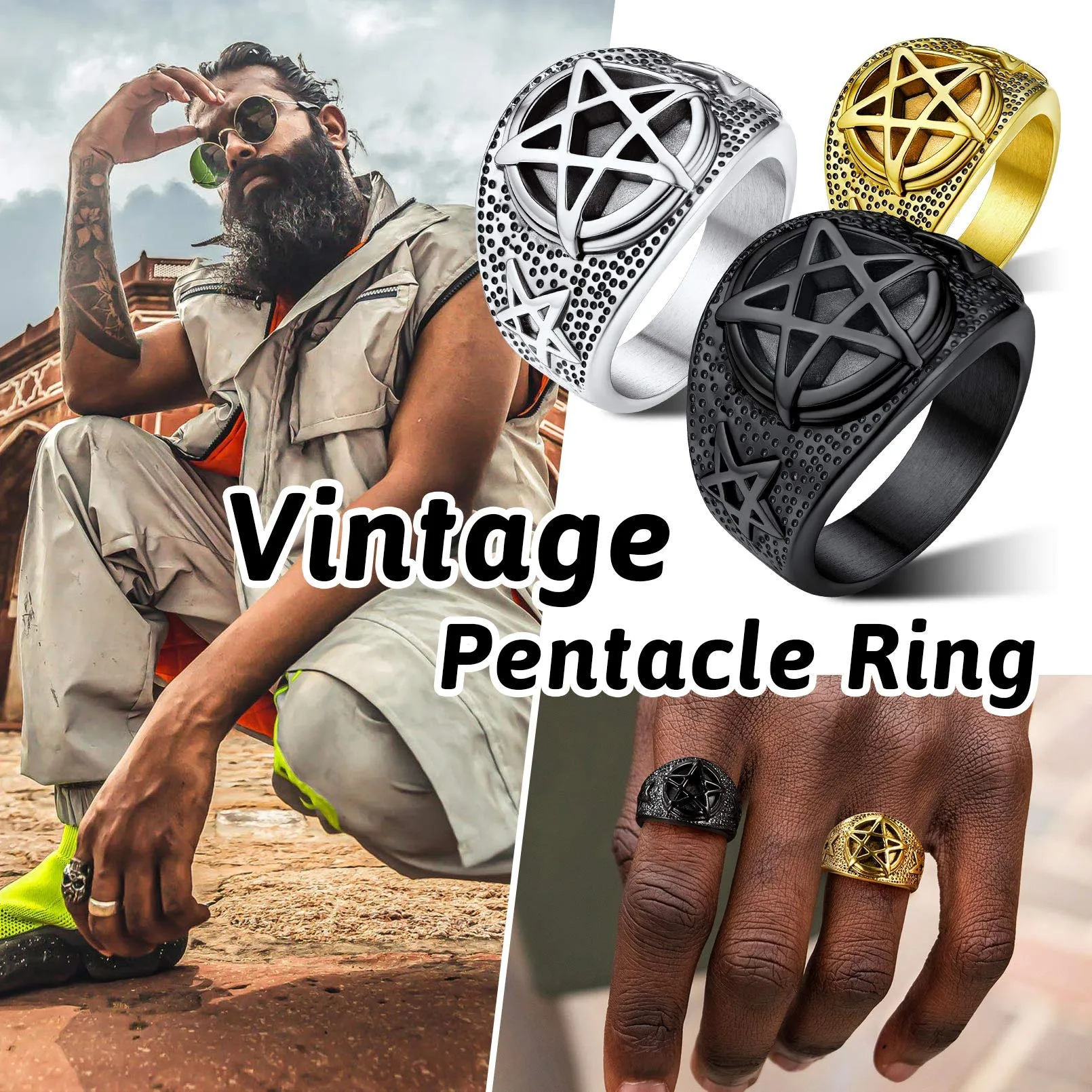 FaithHeart Satana Pentagramma Anello Uomo Pentacolo Invertito Anello Satanico in Rilievo Anello Argento Oro Gotico Hiphop Punk Misura IT 14-27 Regalo Compleanno Coppie - immagine 2