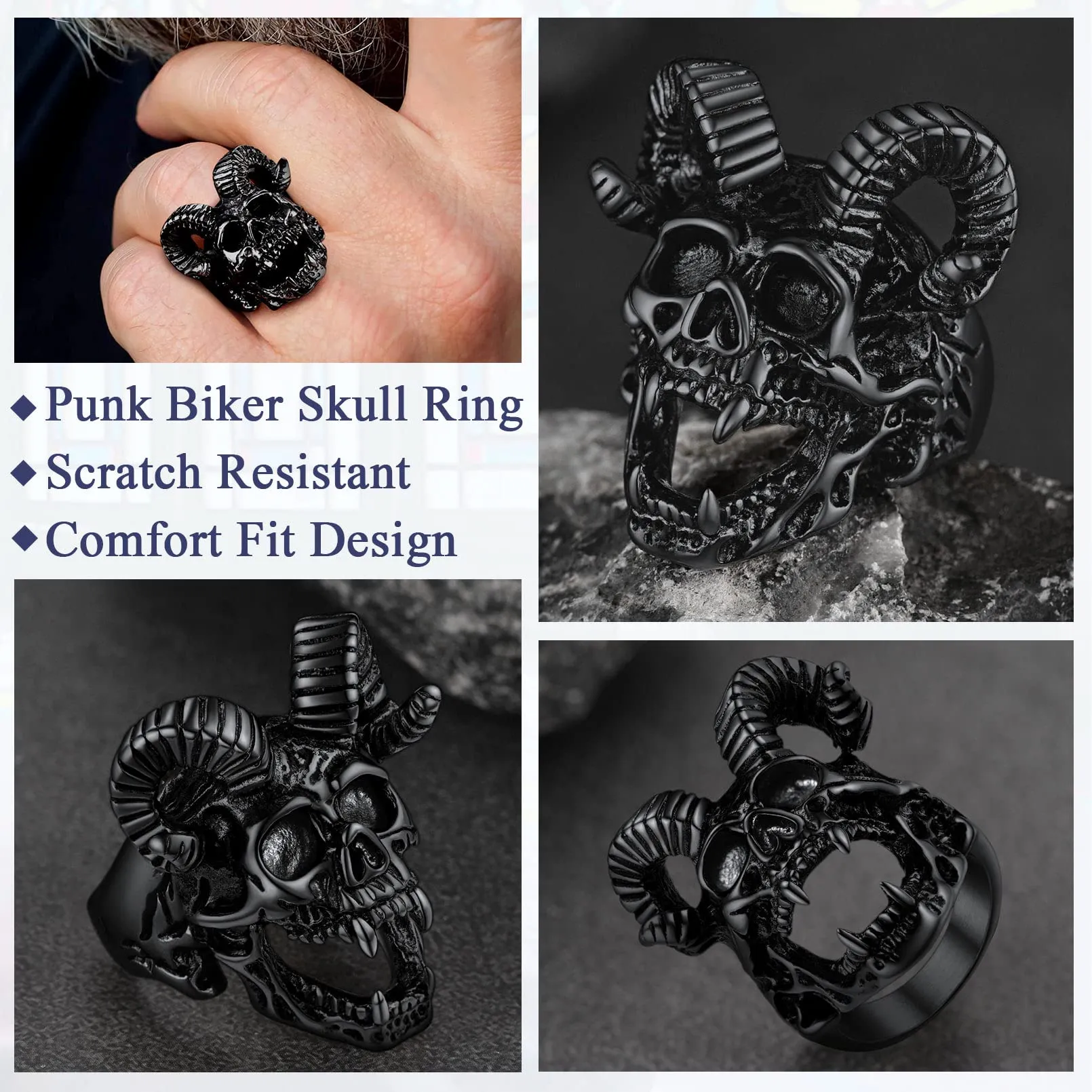 FaithHeart Satana Pentagramma Anello Uomo Pentacolo Invertito Anello Satanico in Rilievo Anello Argento Oro Gotico Hiphop Punk Misura IT 14-27 Regalo Compleanno Coppie - immagine 4