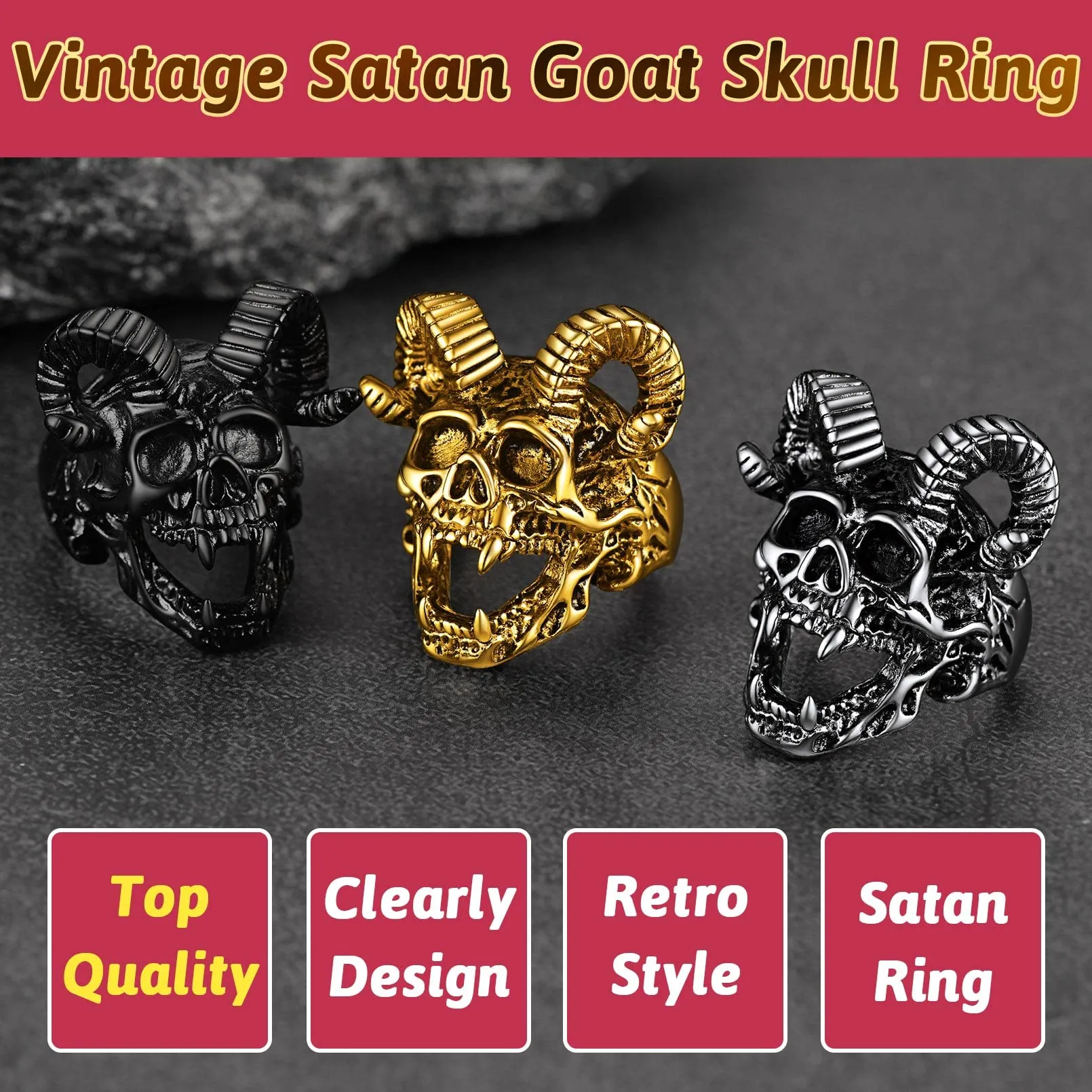 FaithHeart Satana Pentagramma Anello Uomo Pentacolo Invertito Anello Satanico in Rilievo Anello Argento Oro Gotico Hiphop Punk Misura IT 14-27 Regalo Compleanno Coppie - immagine 5
