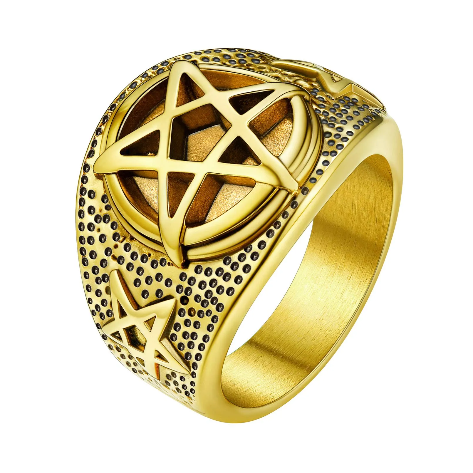 FaithHeart Satana Pentagramma Anello Uomo Pentacolo Invertito Anello Satanico in Rilievo Anello Argento Oro Gotico Hiphop Punk Misura IT 14-27 Regalo Compleanno Coppie - immagine 1