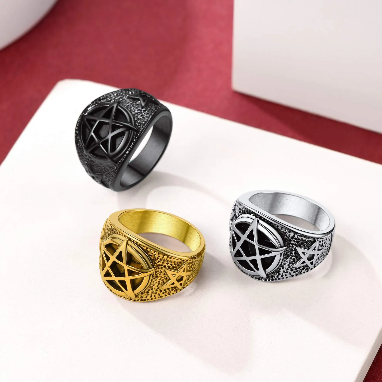 FaithHeart Satana Pentagramma Anello Uomo Pentacolo Invertito Anello Satanico in Rilievo Anello Argento Oro Gotico Hiphop Punk Misura IT 14-27 Regalo Compleanno Coppie - immagine 8