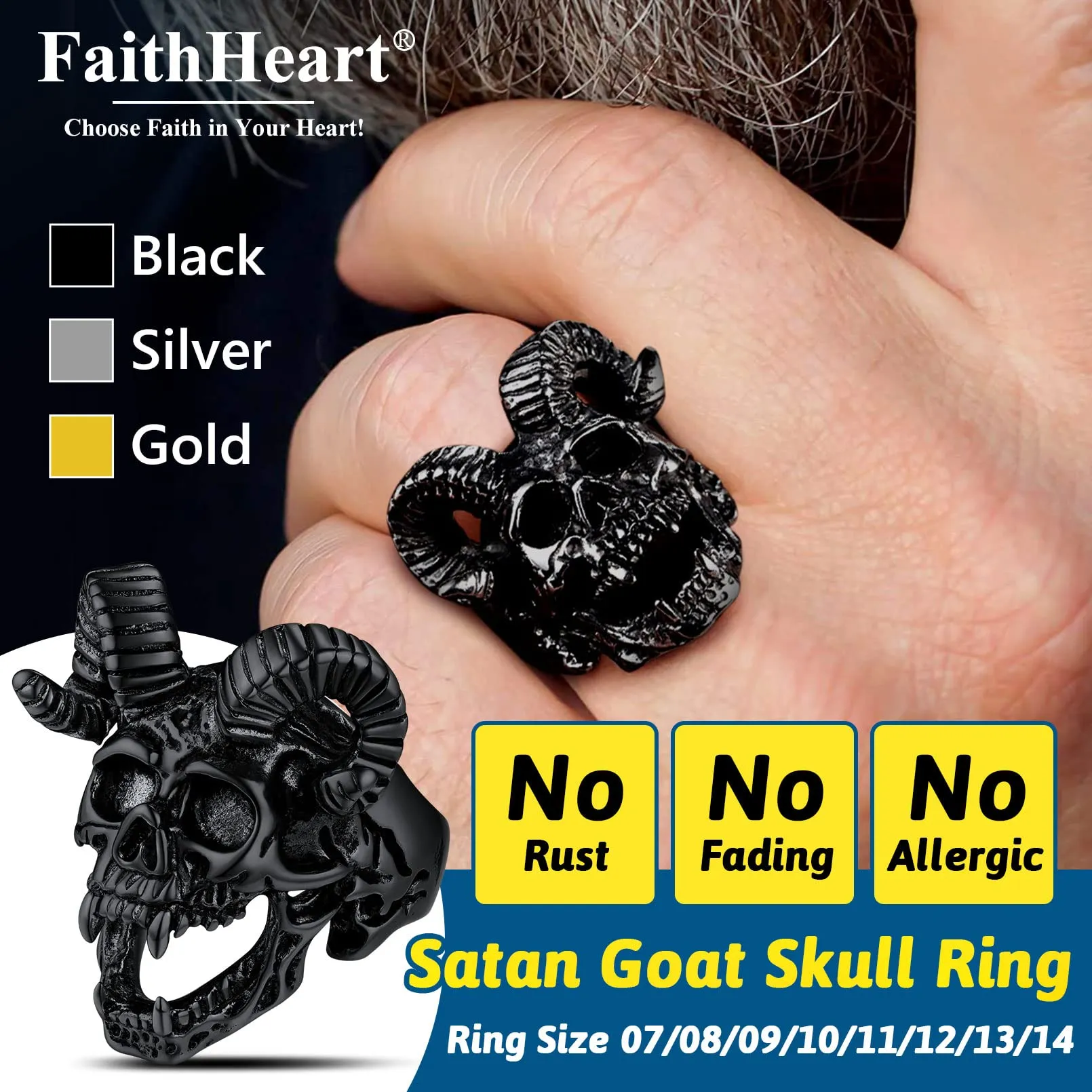 FaithHeart Satana Pentagramma Anello Uomo Pentacolo Invertito Anello Satanico in Rilievo Anello Argento Oro Gotico Hiphop Punk Misura IT 14-27 Regalo Compleanno Coppie - immagine 2