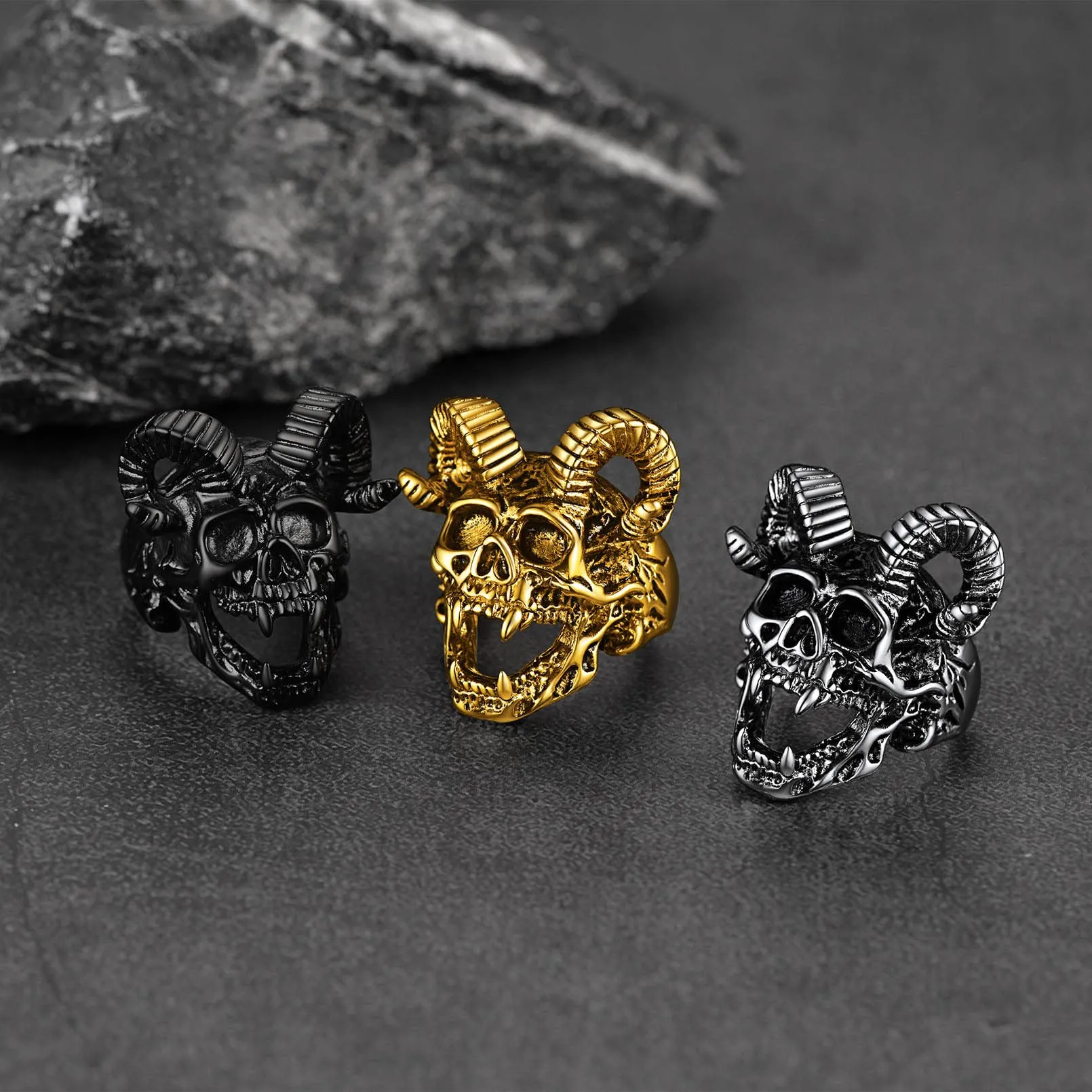 FaithHeart Satana Pentagramma Anello Uomo Pentacolo Invertito Anello Satanico in Rilievo Anello Argento Oro Gotico Hiphop Punk Misura IT 14-27 Regalo Compleanno Coppie - immagine 8