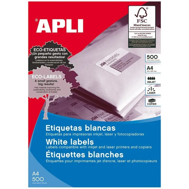 Etichette Adesive Apli A4 Bianco 500 Unità - immagine 1