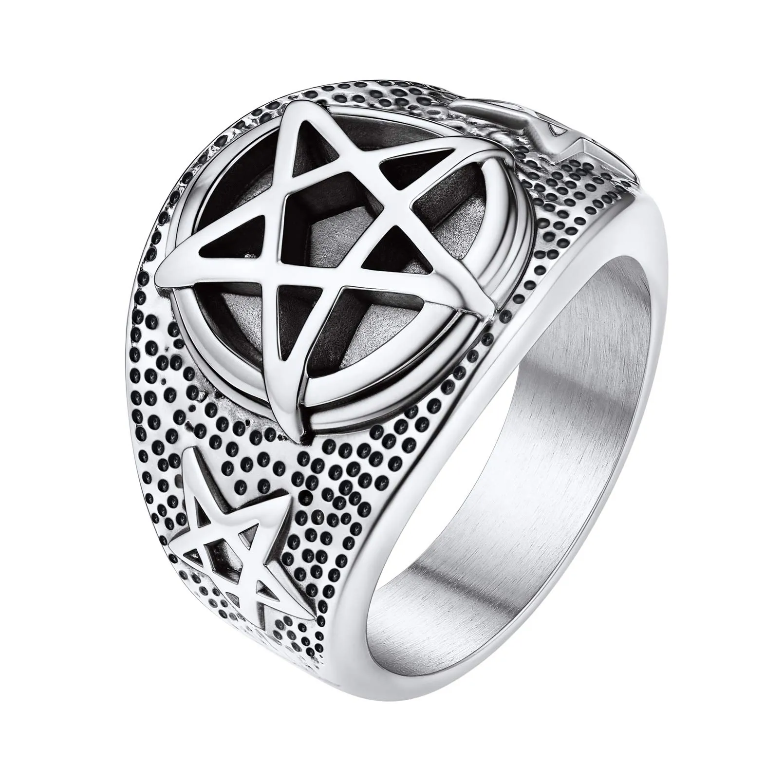 FaithHeart Satana Pentagramma Anello Uomo Pentacolo Invertito Anello Satanico in Rilievo Anello Argento Oro Gotico Hiphop Punk Misura IT 14-27 Regalo Compleanno Coppie - immagine 1