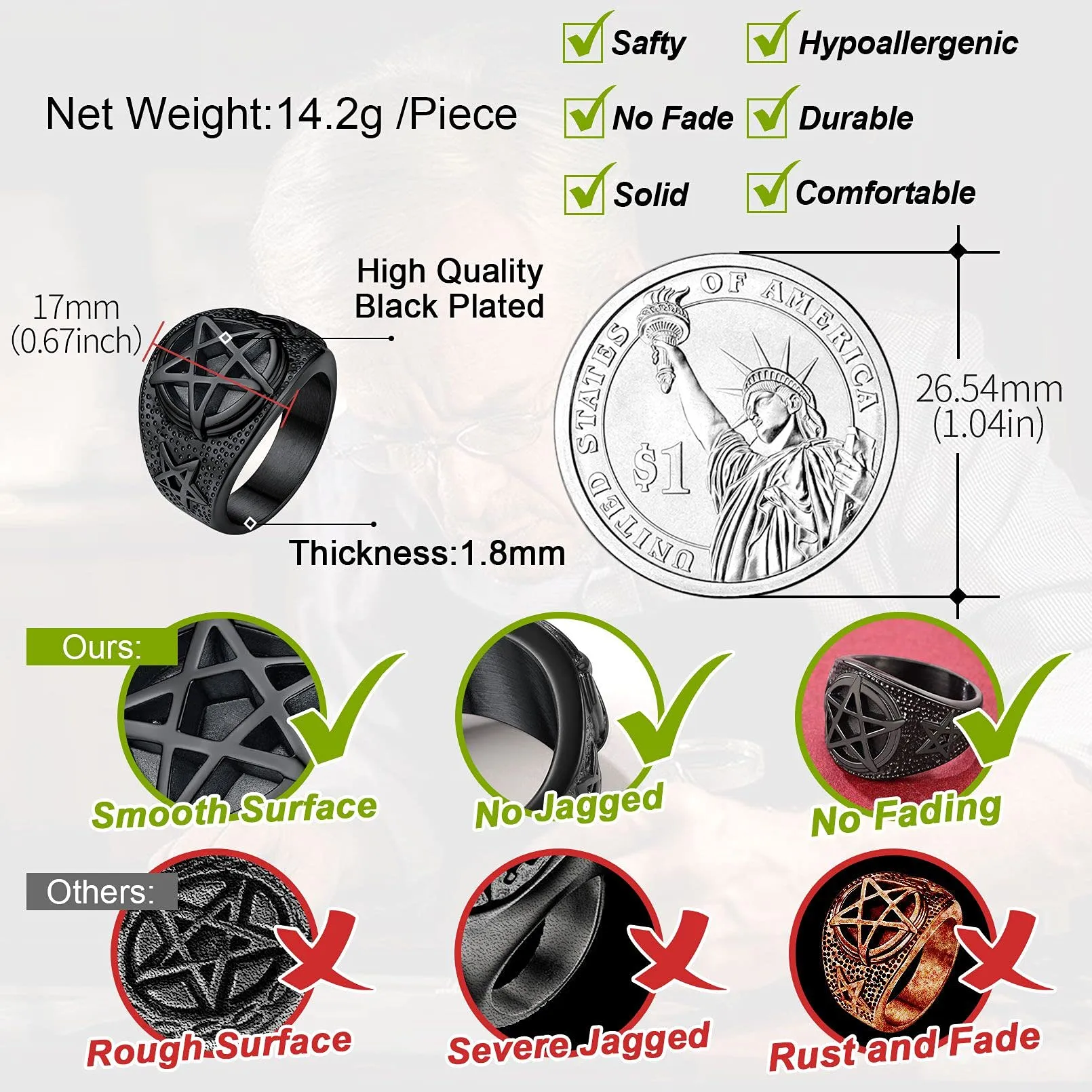 FaithHeart Anello Uomo Satana Pentagramma Pentacolo Invertito Capra Satanica 3D Rilievo Anello Argento Ner Oro Gotico Hiphop Punk Misura IT 14-32 Personalizzato Regalo Compleanno Coppie - immagine 5